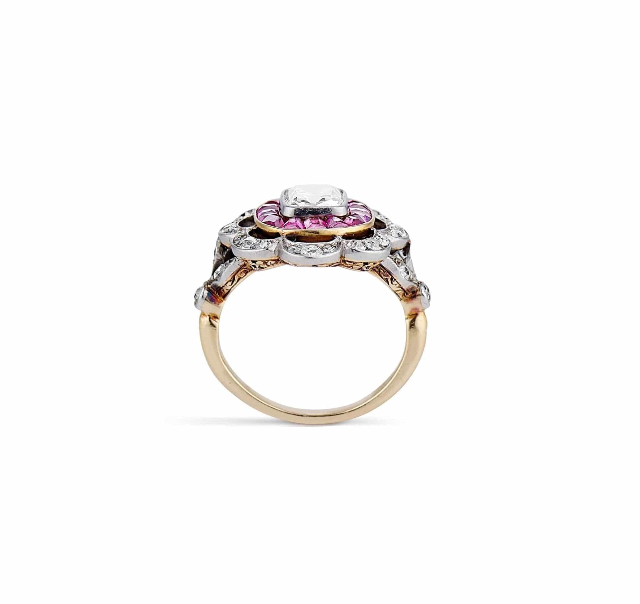 Edwardian One Carat Old Mine Cut Diamond & Ruby Scalloped Ring - Image 4