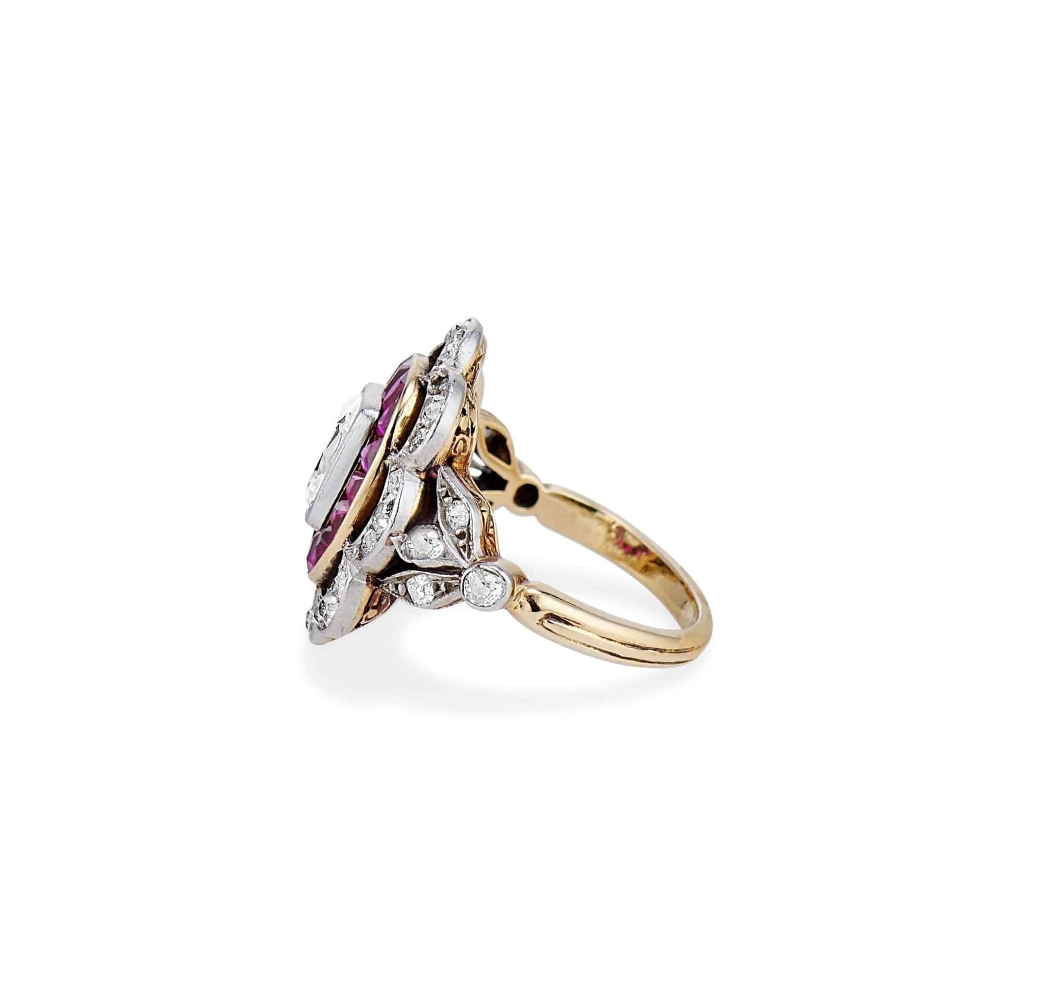 Edwardian One Carat Old Mine Cut Diamond & Ruby Scalloped Ring - Image 6