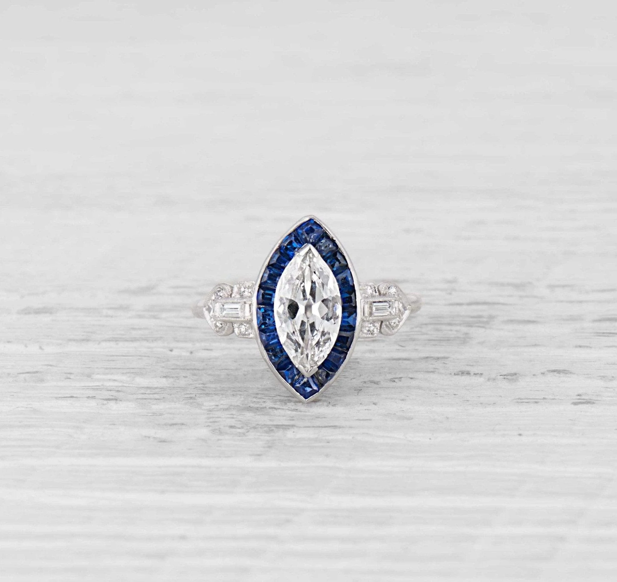1.07 Carat Art Deco Diamond and Sapphire Engagement Ring - Image 2