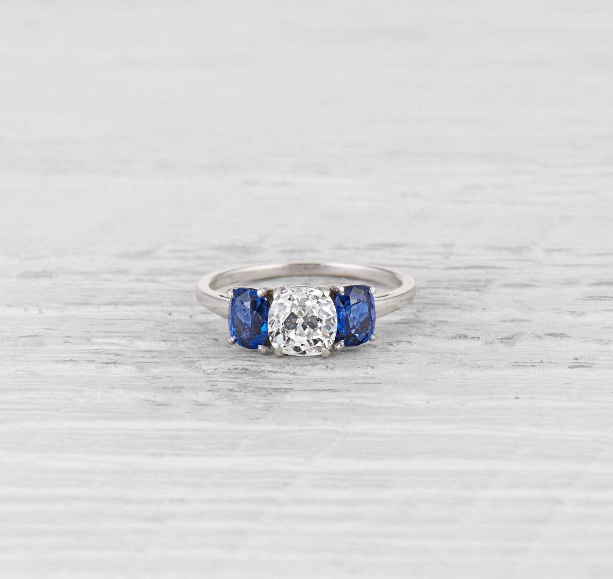 1.12 Carat Art Deco Diamond and Sapphire Three Stone Ring - Image 2