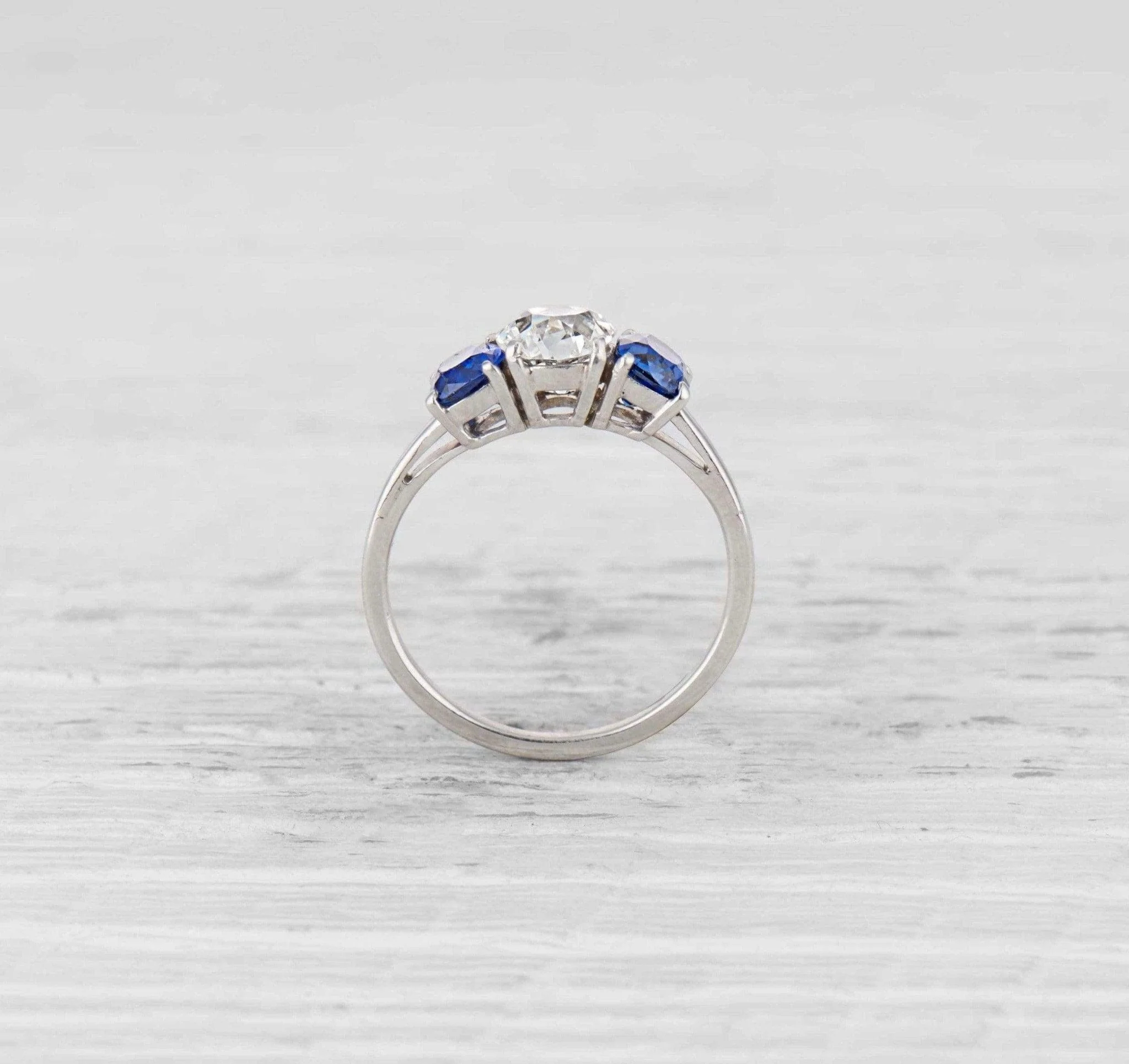 1.12 Carat Art Deco Diamond and Sapphire Three Stone Ring - Image 4