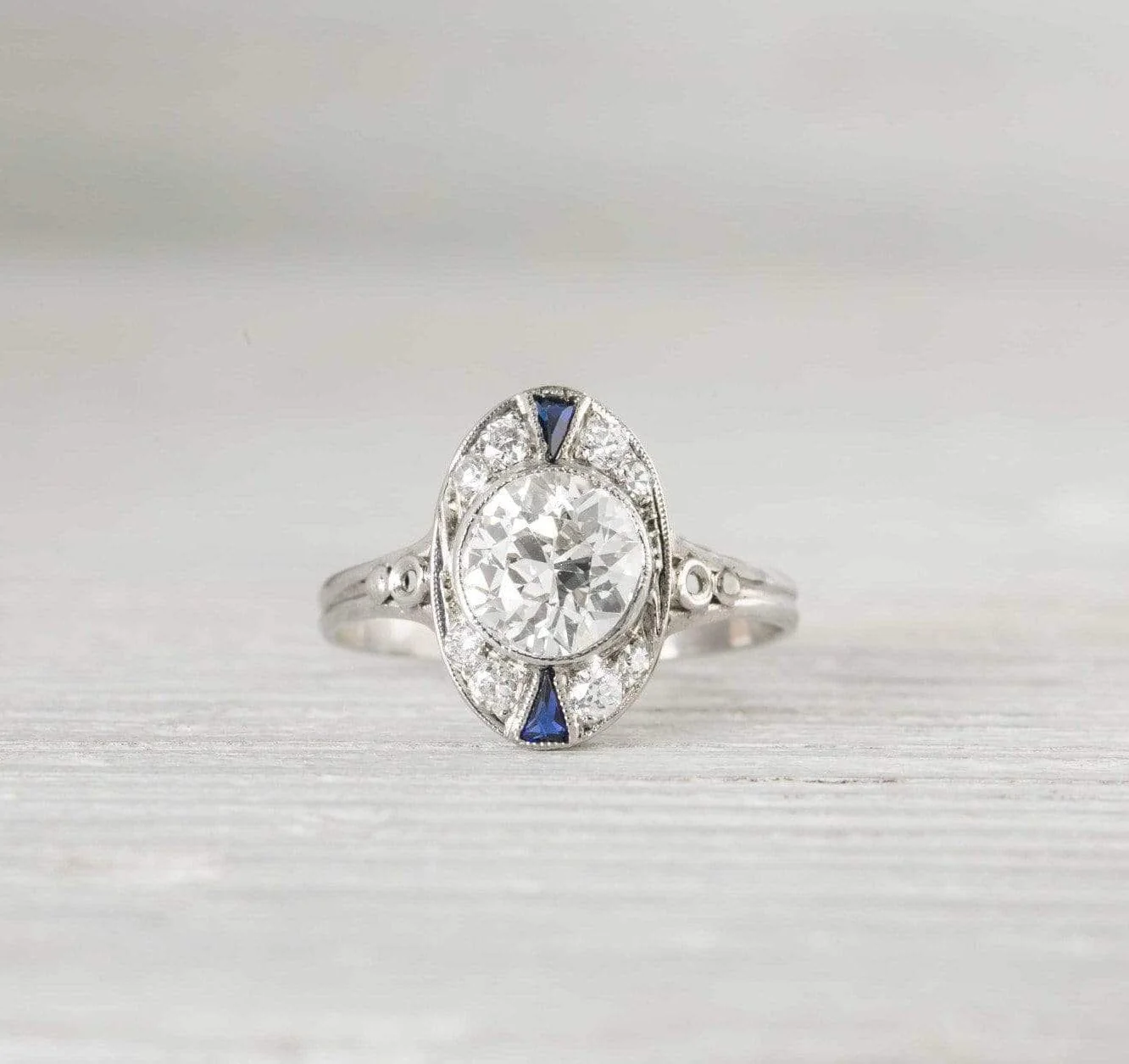 1.15 Carat Art Deco Diamond & Sapphire Vintage Engagement Ring - Image 2