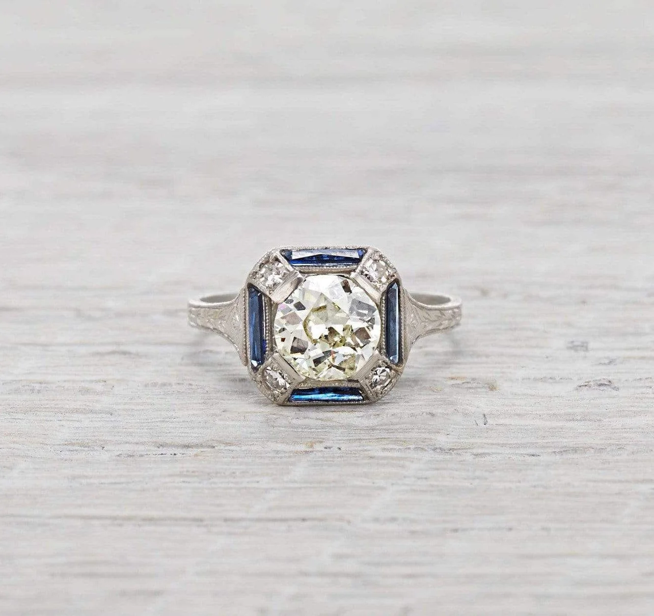 1.17 Carat Art Deco Diamond and Sapphire Engagement Ring - Image 2