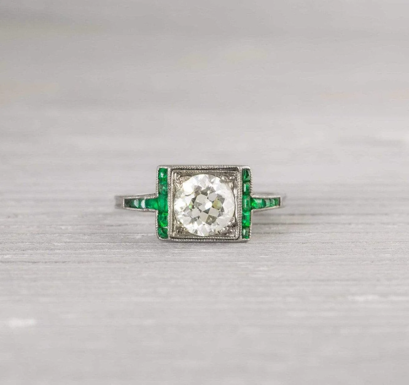 1.20 Carat Diamond and Emerald Vintage Engagement Ring - Image 2
