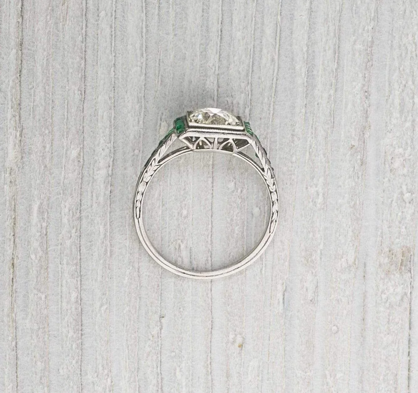 1.20 Carat Diamond and Emerald Vintage Engagement Ring - Image 4