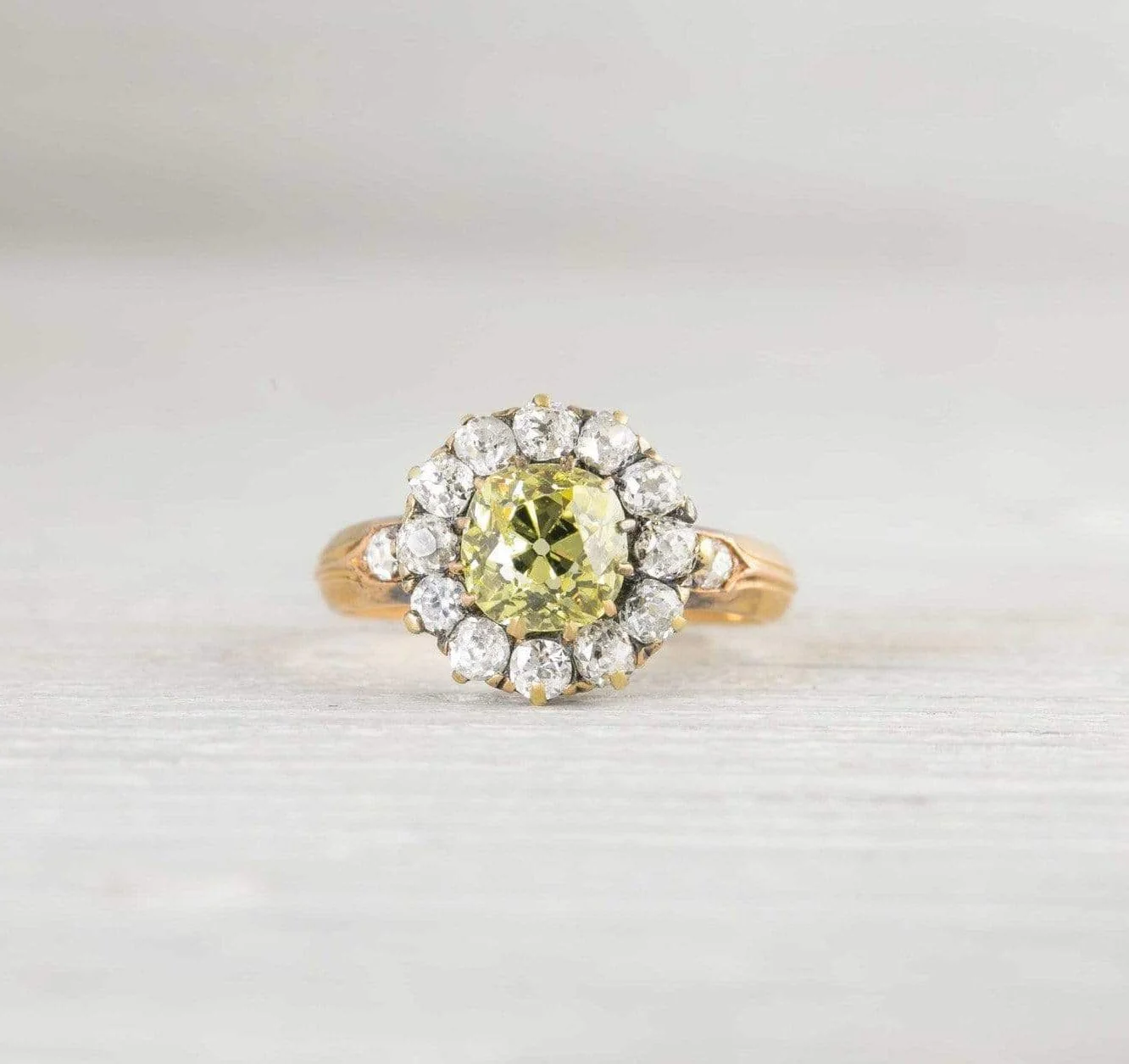 1.29 Carat Antique Cushion Cut Yellow Diamond Cluster Engagement Ring - Image 2
