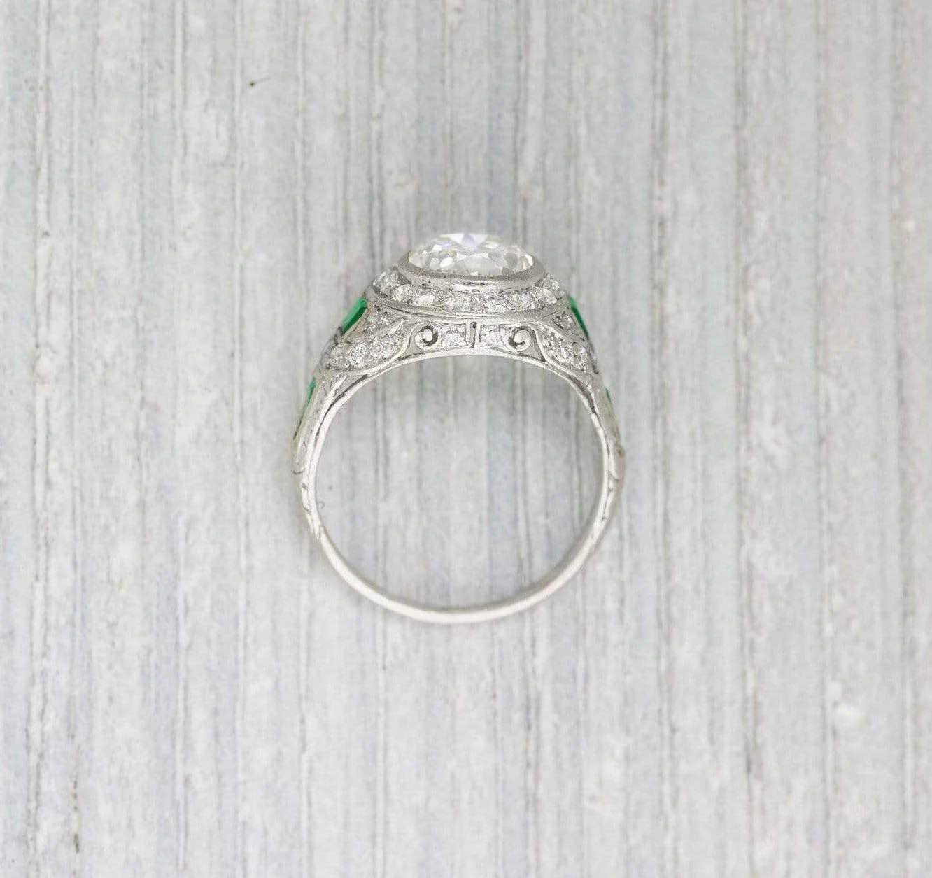 1.35 Carat Art Deco Diamond & Emerald Engagement Ring - Image 4