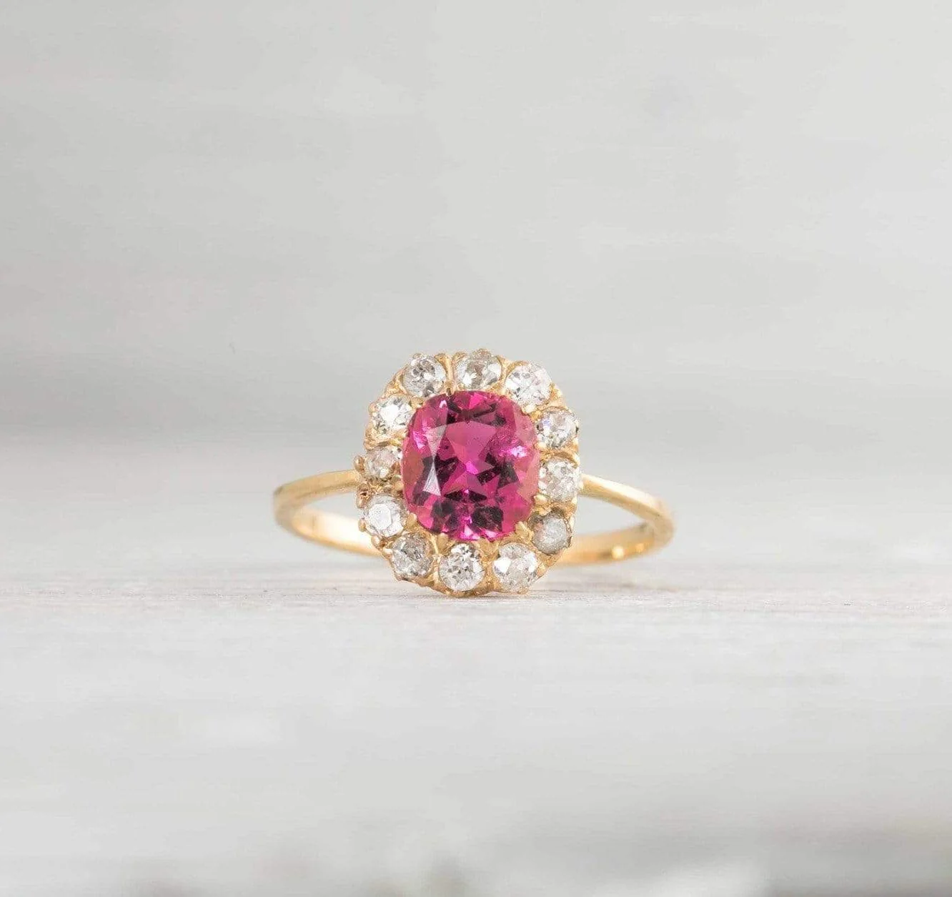 1.50 Carat Antique Victorian Rubelite & Diamond Cluster Engagement Ring - Image 2