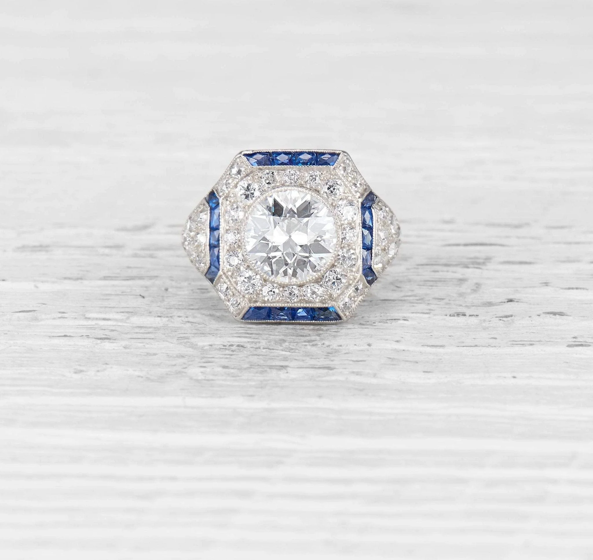 1.82 CARAT ART DECO DIAMOND AND SAPPHIRE ENGAGEMENT RING - Image 2