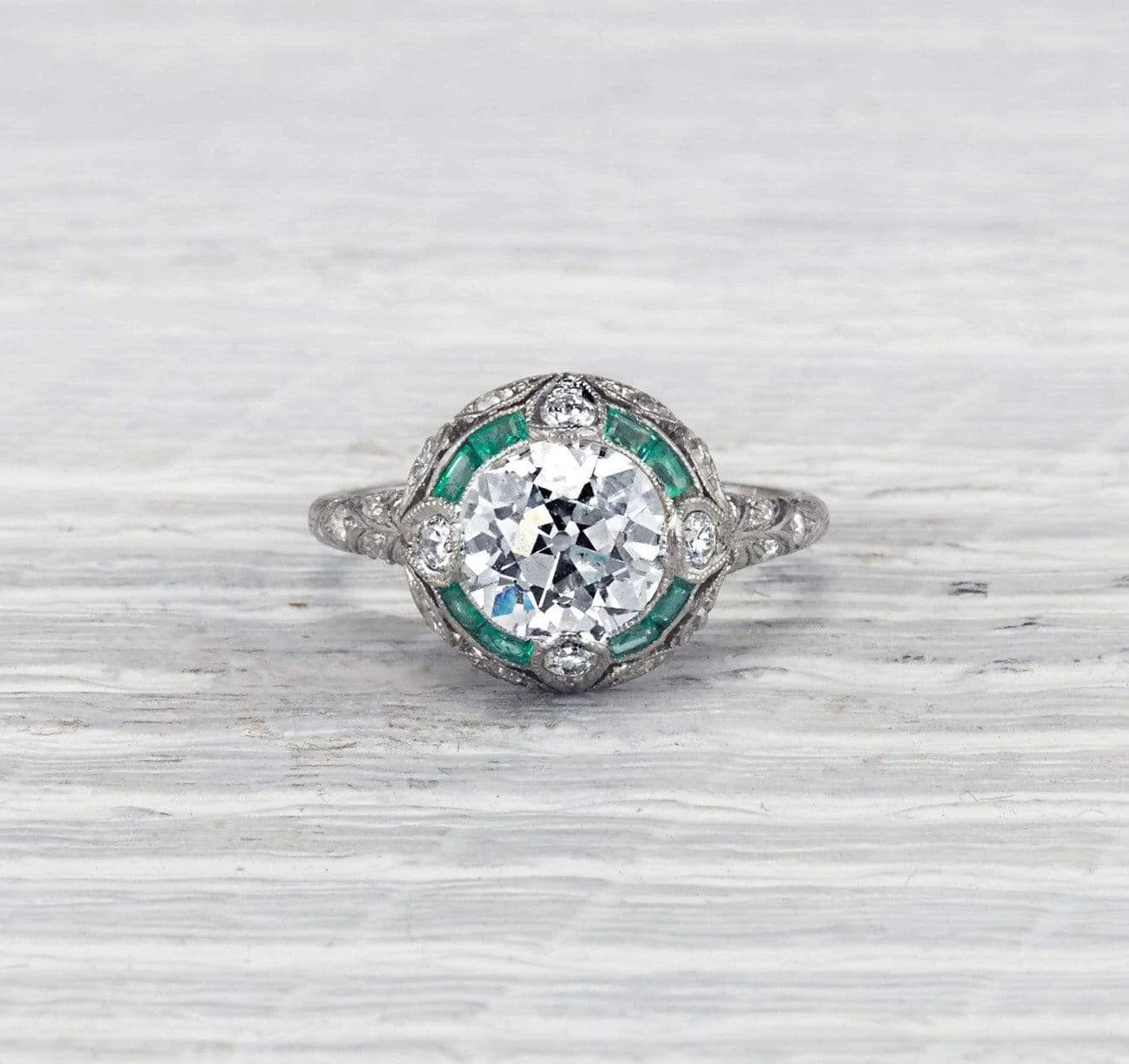 1.87 Carat Edwardian Diamond and Emerald Engagement Ring - Image 2