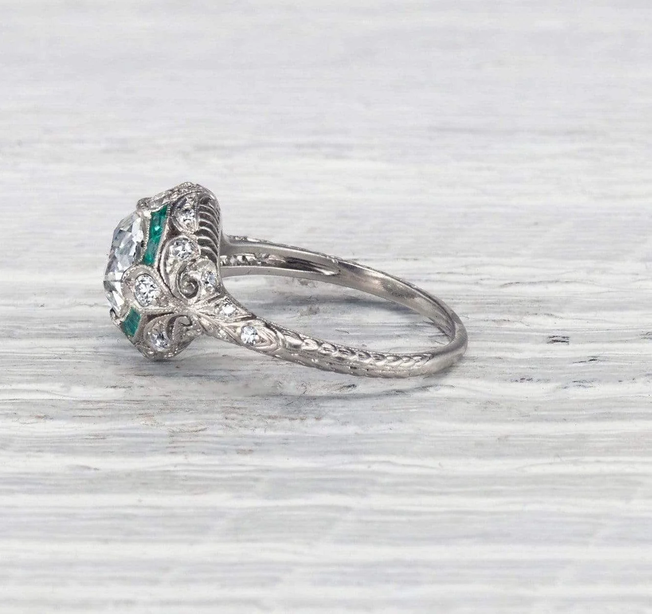 1.87 Carat Edwardian Diamond and Emerald Engagement Ring - Image 3