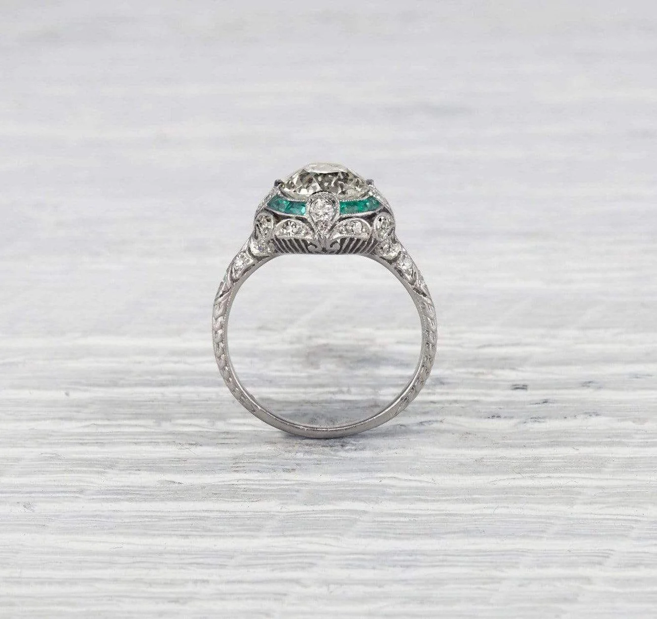 1.87 Carat Edwardian Diamond and Emerald Engagement Ring - Image 4