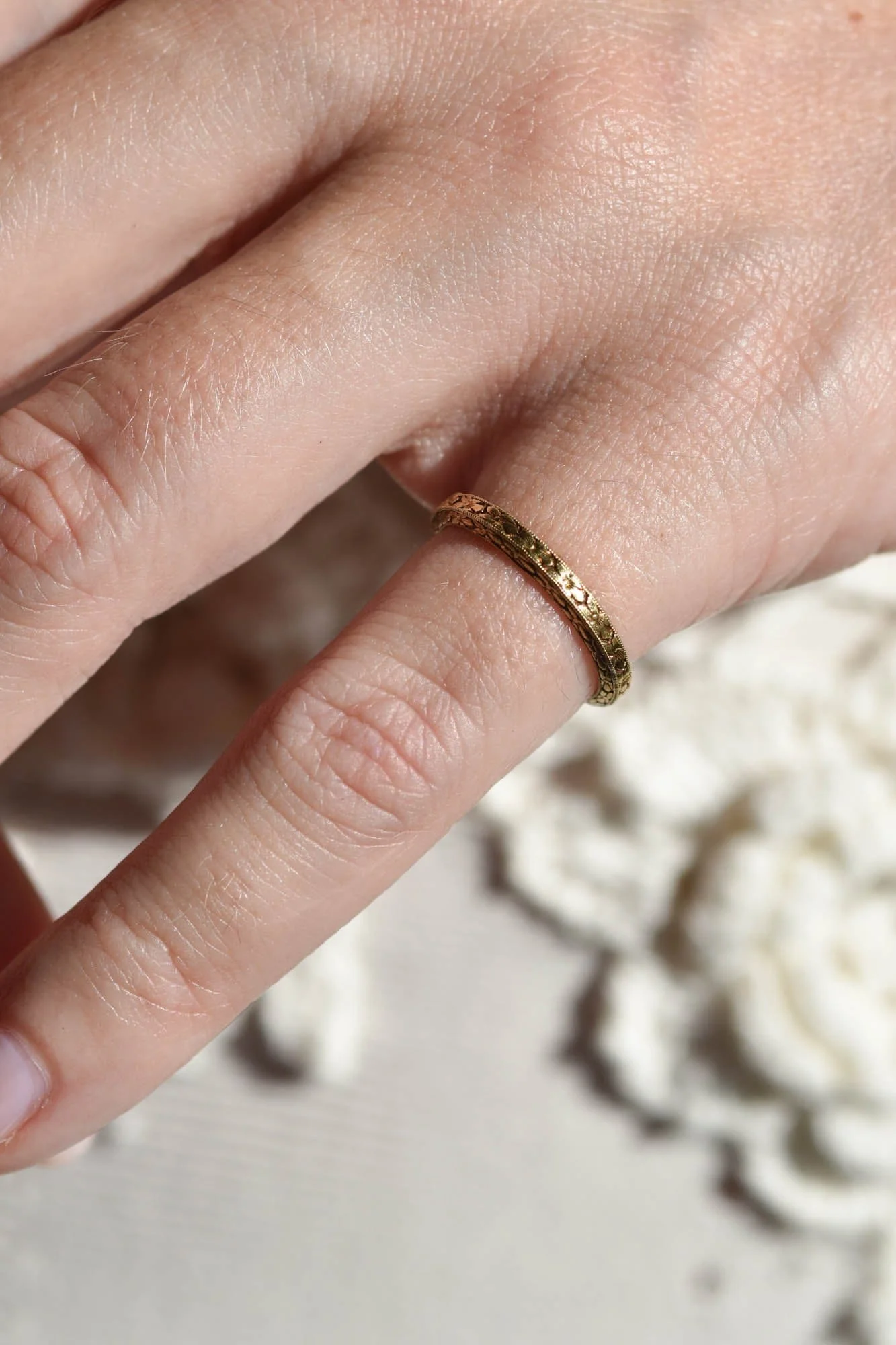 18K Yellow Gold Antique Orange Blossom Antique Wedding Band - Size 3.75 - Image 2
