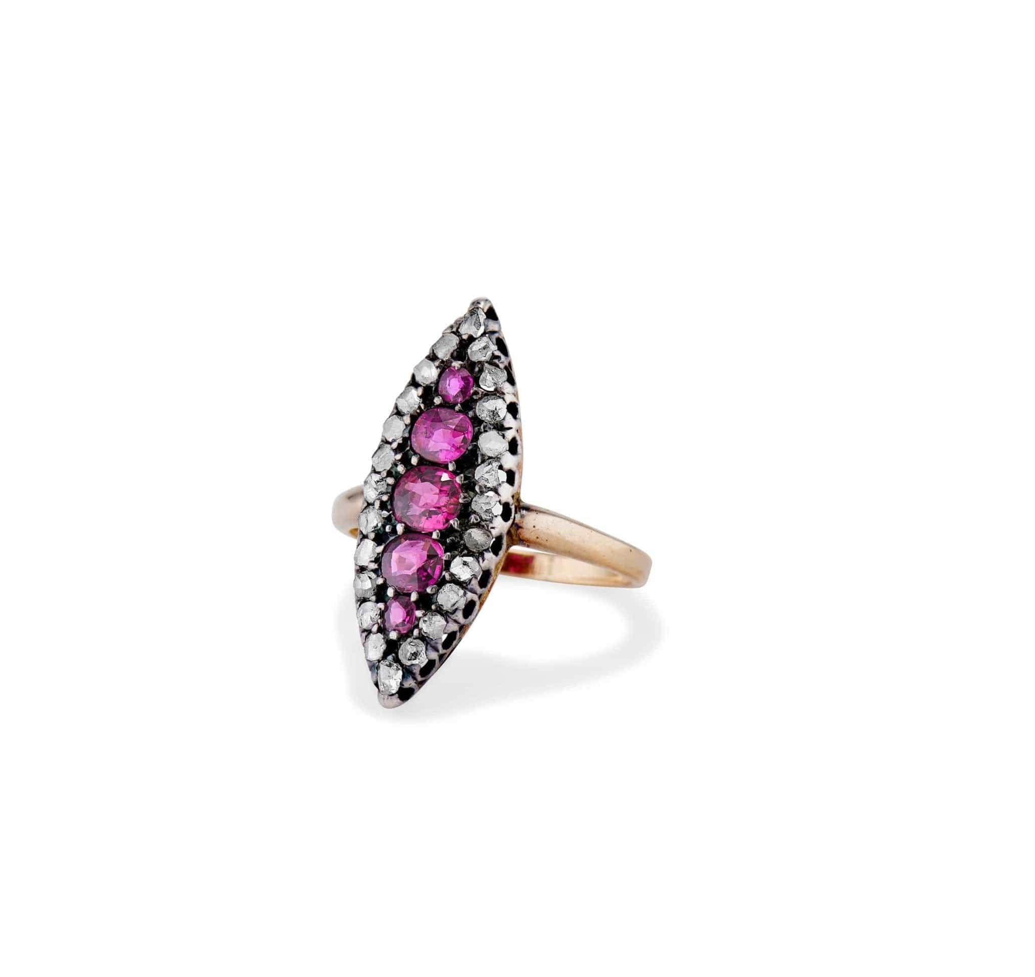 19th Century Garnet and Rose-Cut Diamond Navette Ring - Image 2