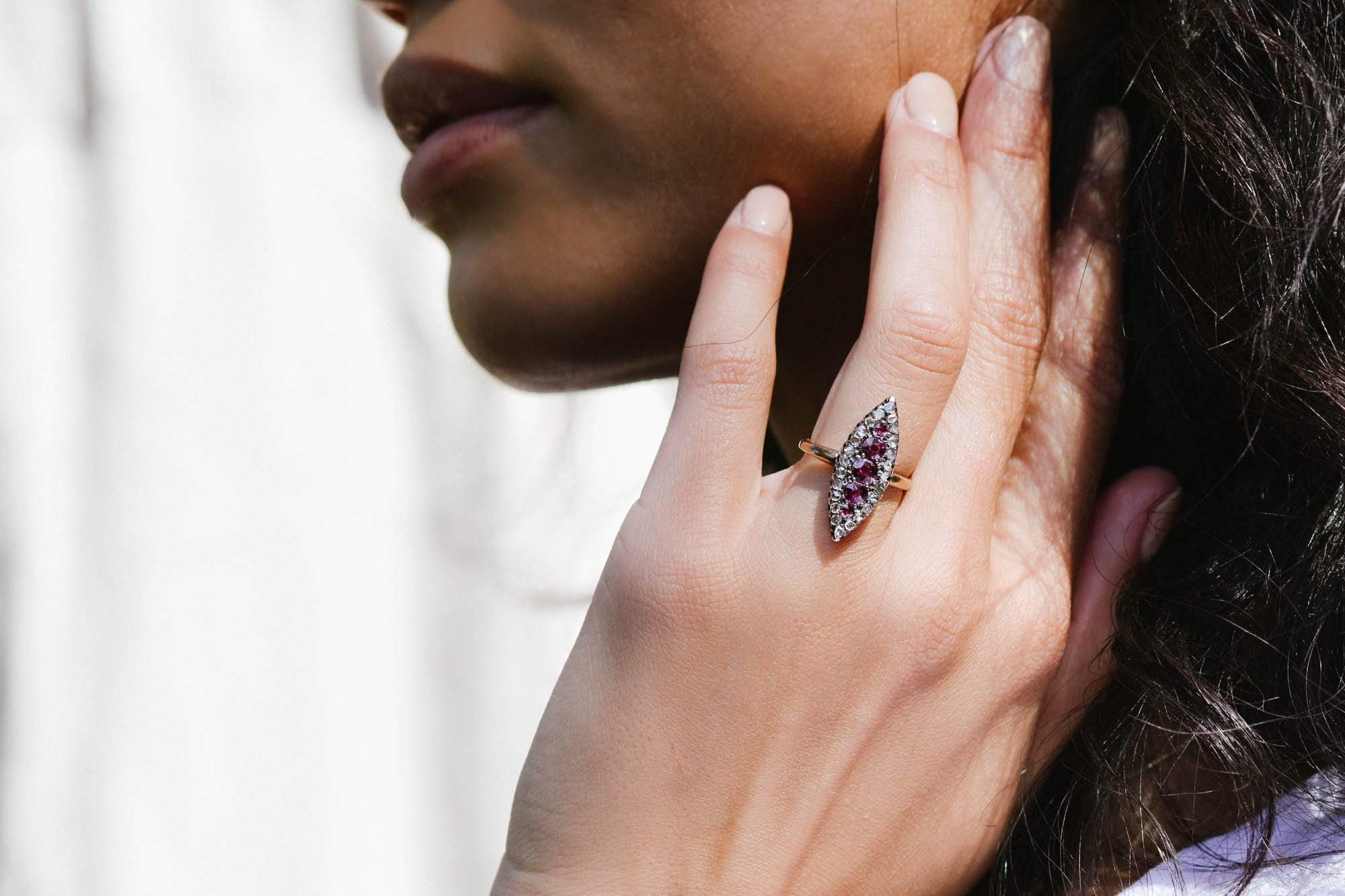 19th Century Garnet and Rose-Cut Diamond Navette Ring - Image 5