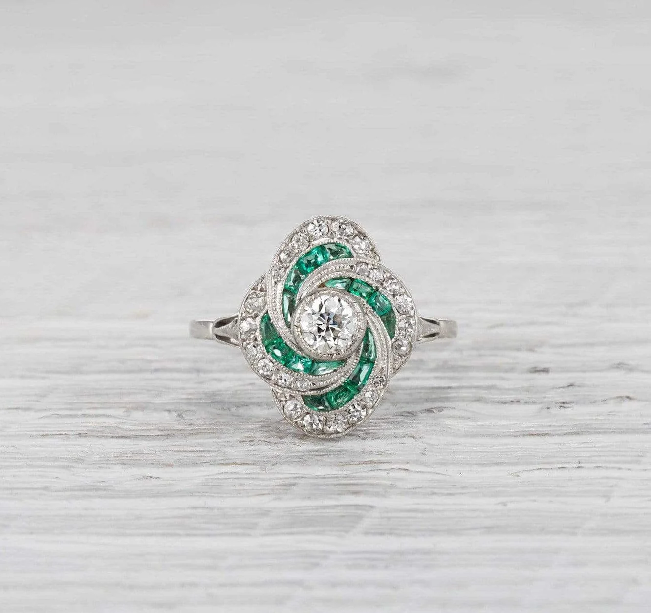 .35 Carat Art Deco Diamond and Emerald Ring - Image 2