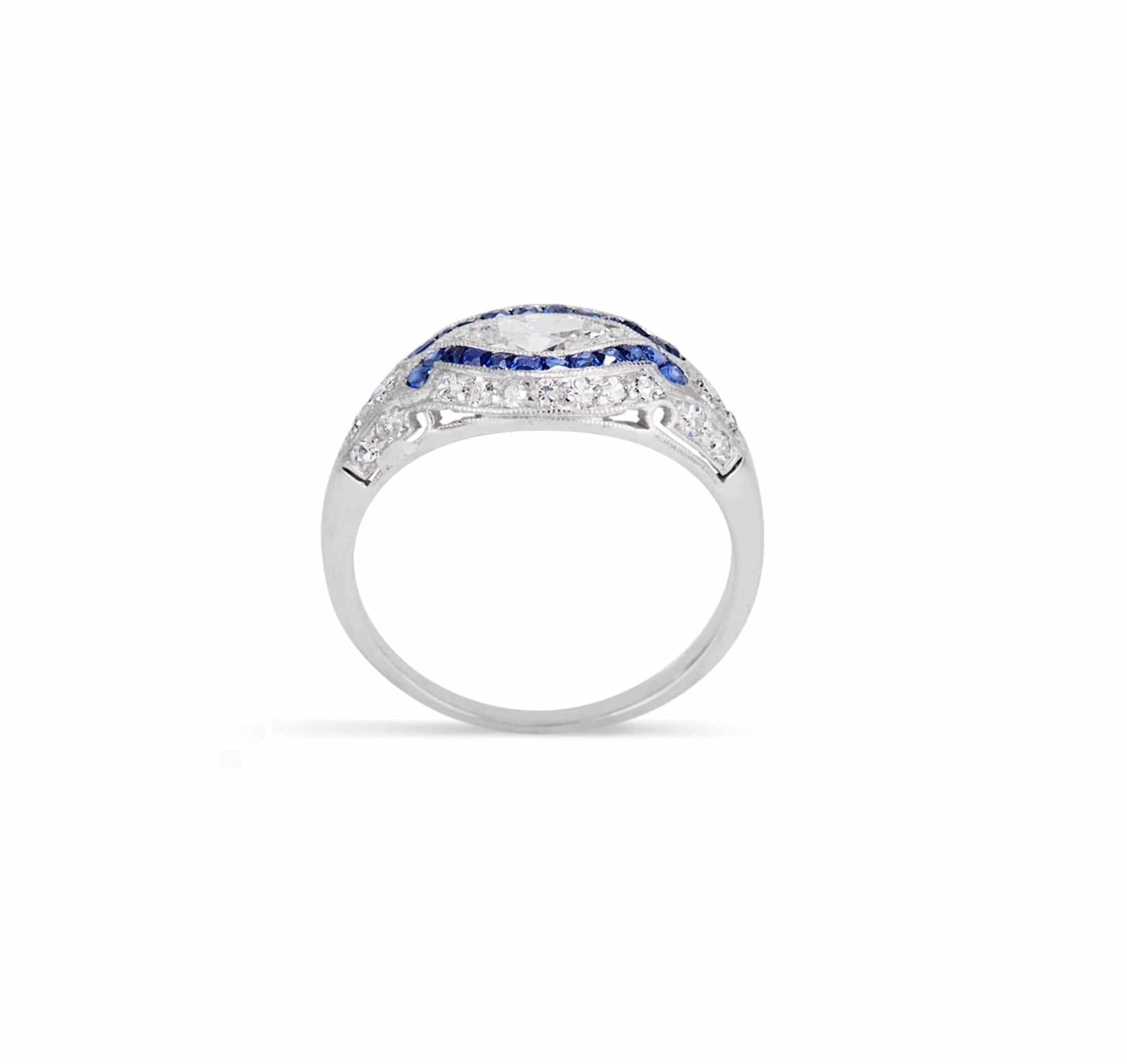 Egyptian Revival Art Deco .40 Carat Marquise Diamond & Sapphire Ring - Image 4