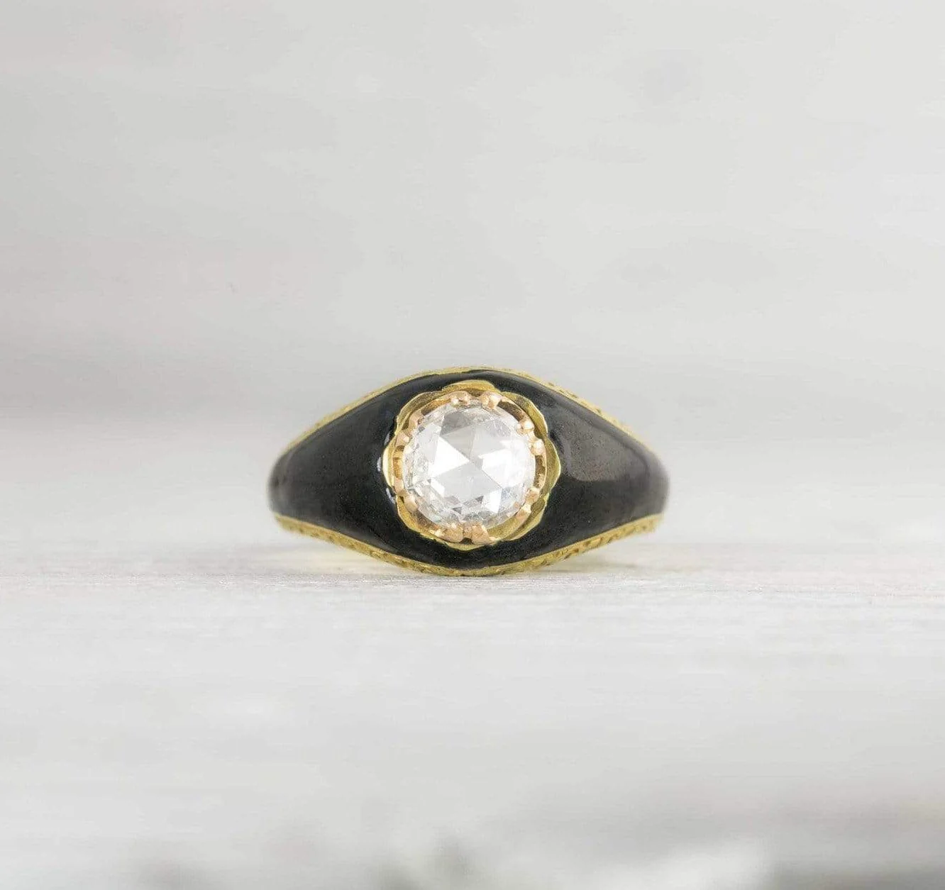 .72 Carat Antique Victorian Rose Cut Diamond & Black Enamel Engagement Ring - Image 2