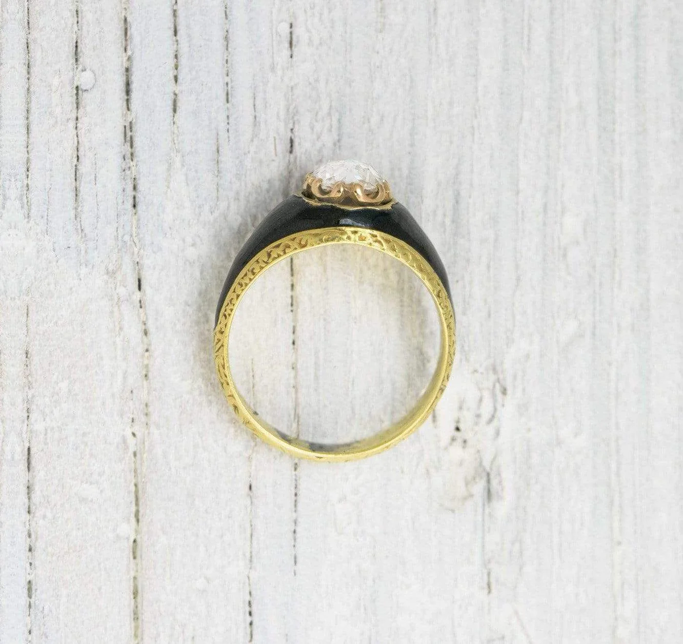 .72 Carat Antique Victorian Rose Cut Diamond & Black Enamel Engagement Ring - Image 4