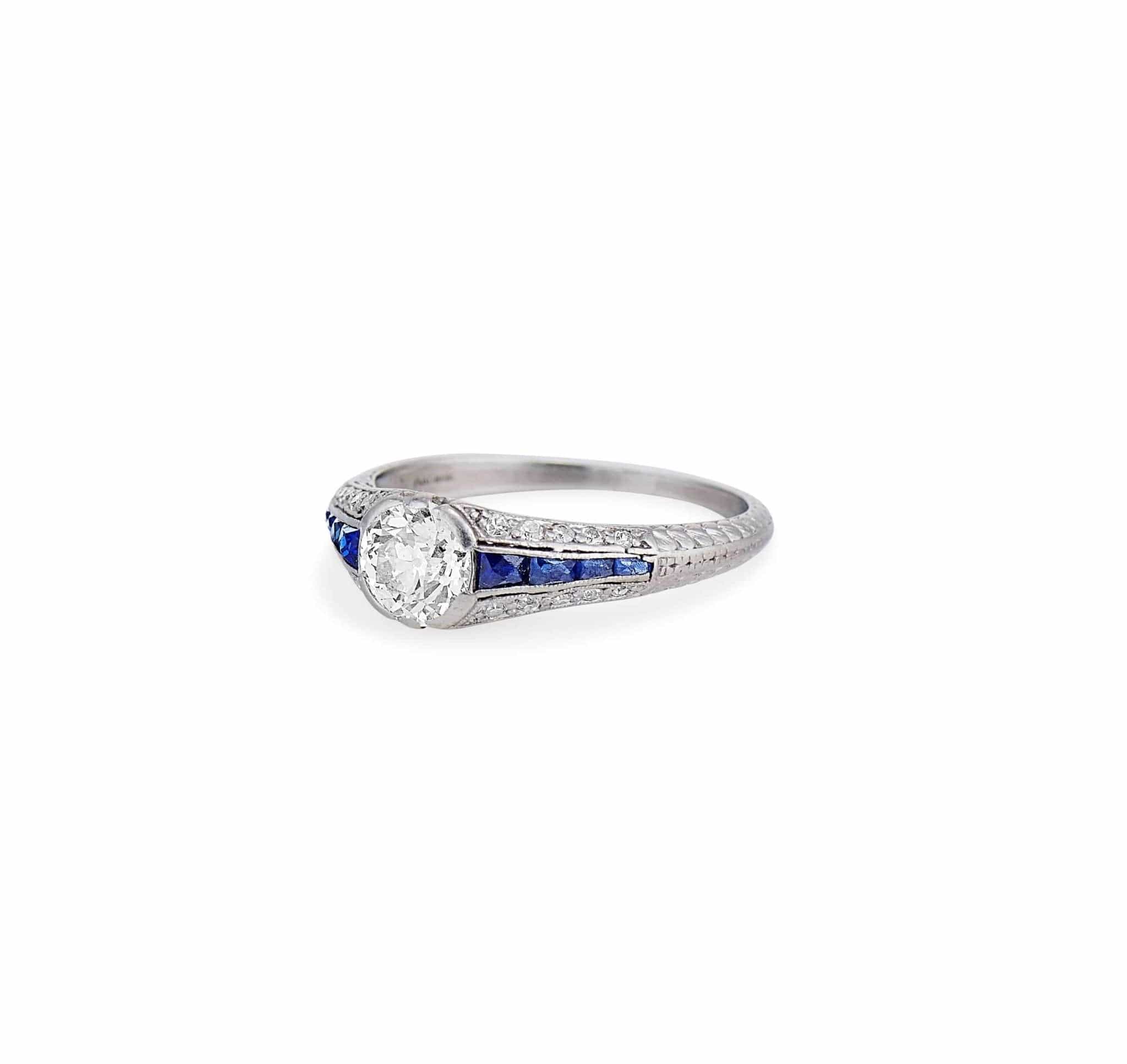 Art Deco .80 Carat Diamond & Sapphire Filigree Ring - Image 2