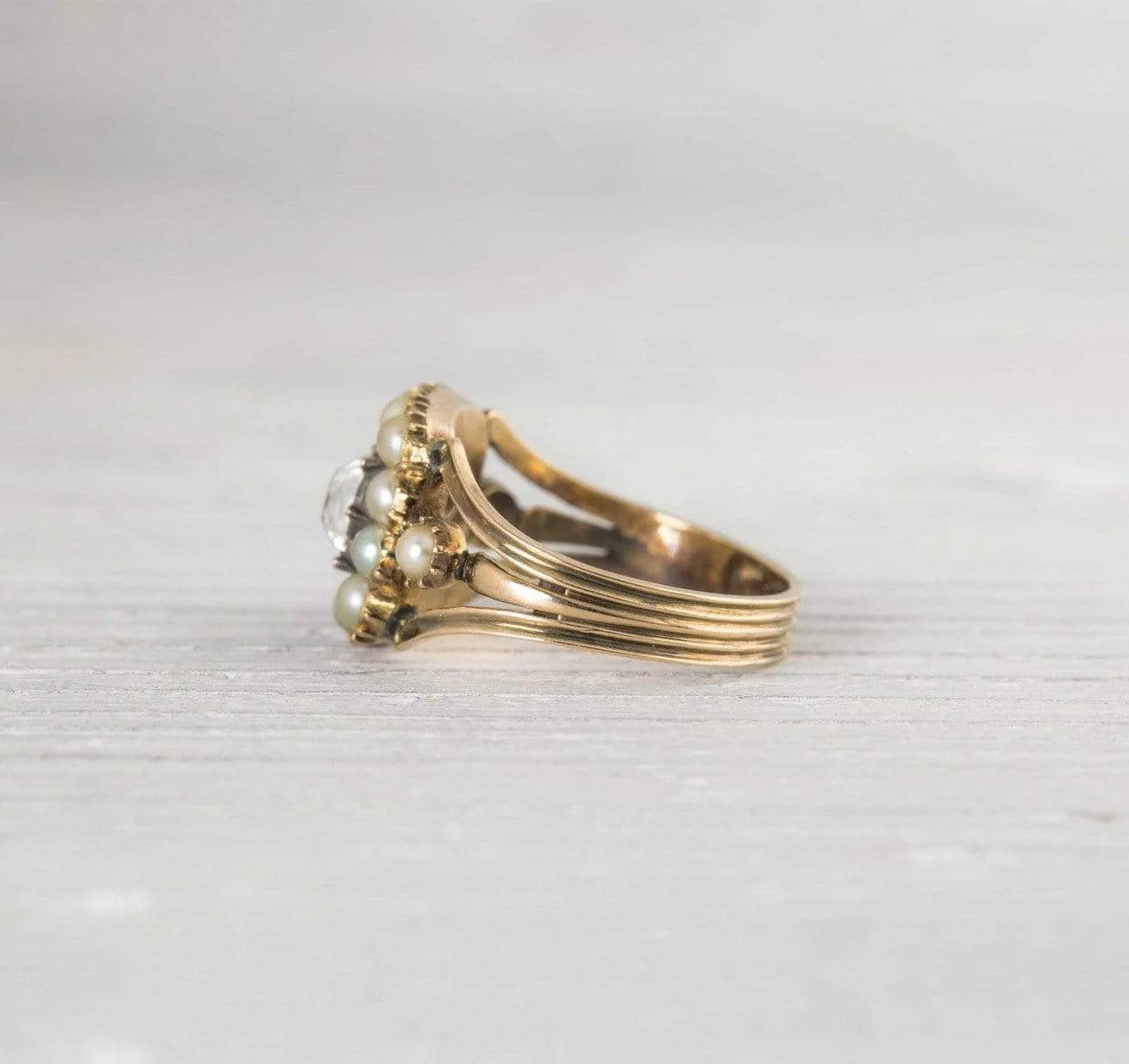 .90 Carat Antique Victorian Pearl & Diamond Gold Engagement Ring - Image 3