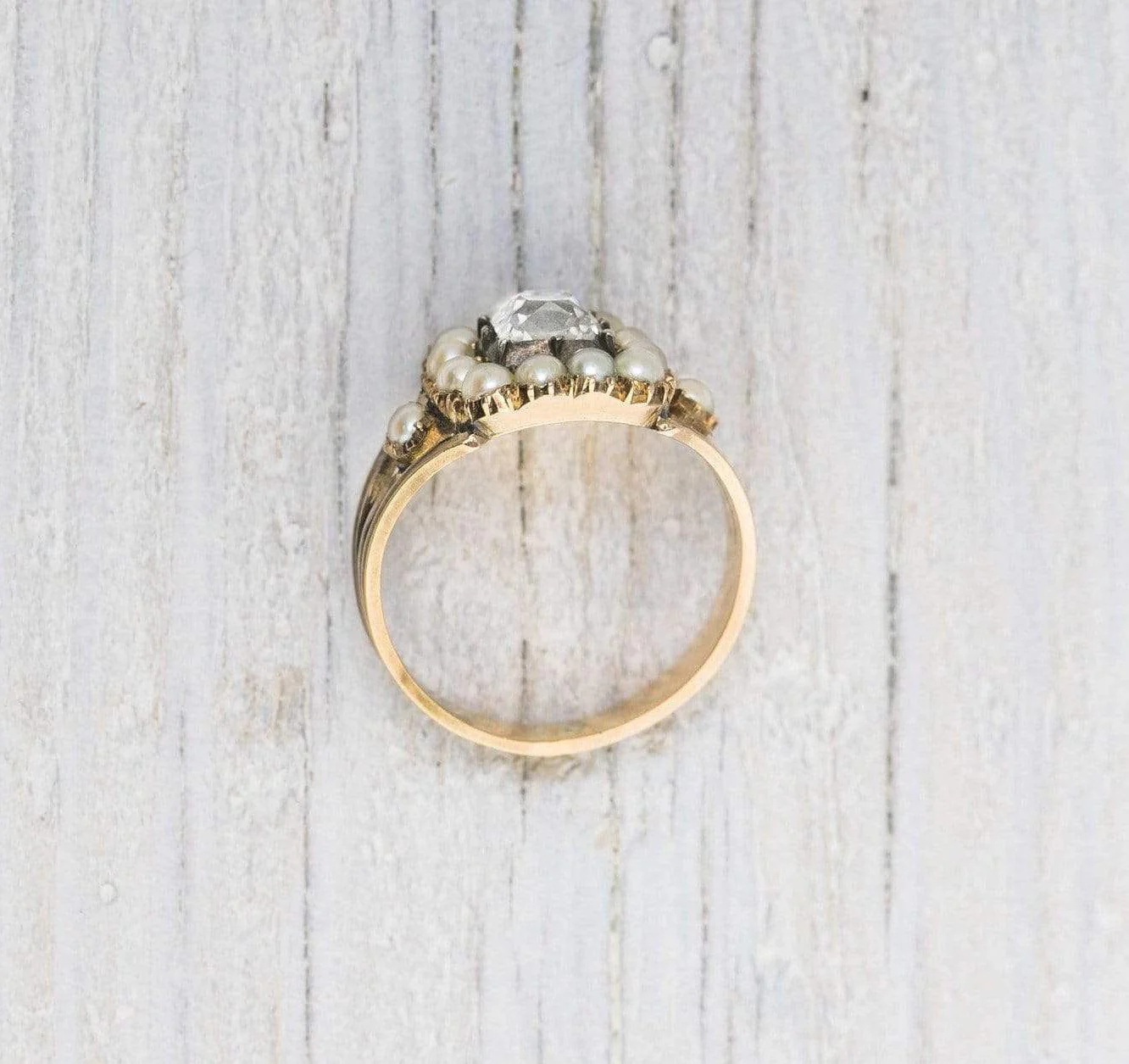 .90 Carat Antique Victorian Pearl & Diamond Gold Engagement Ring - Image 4