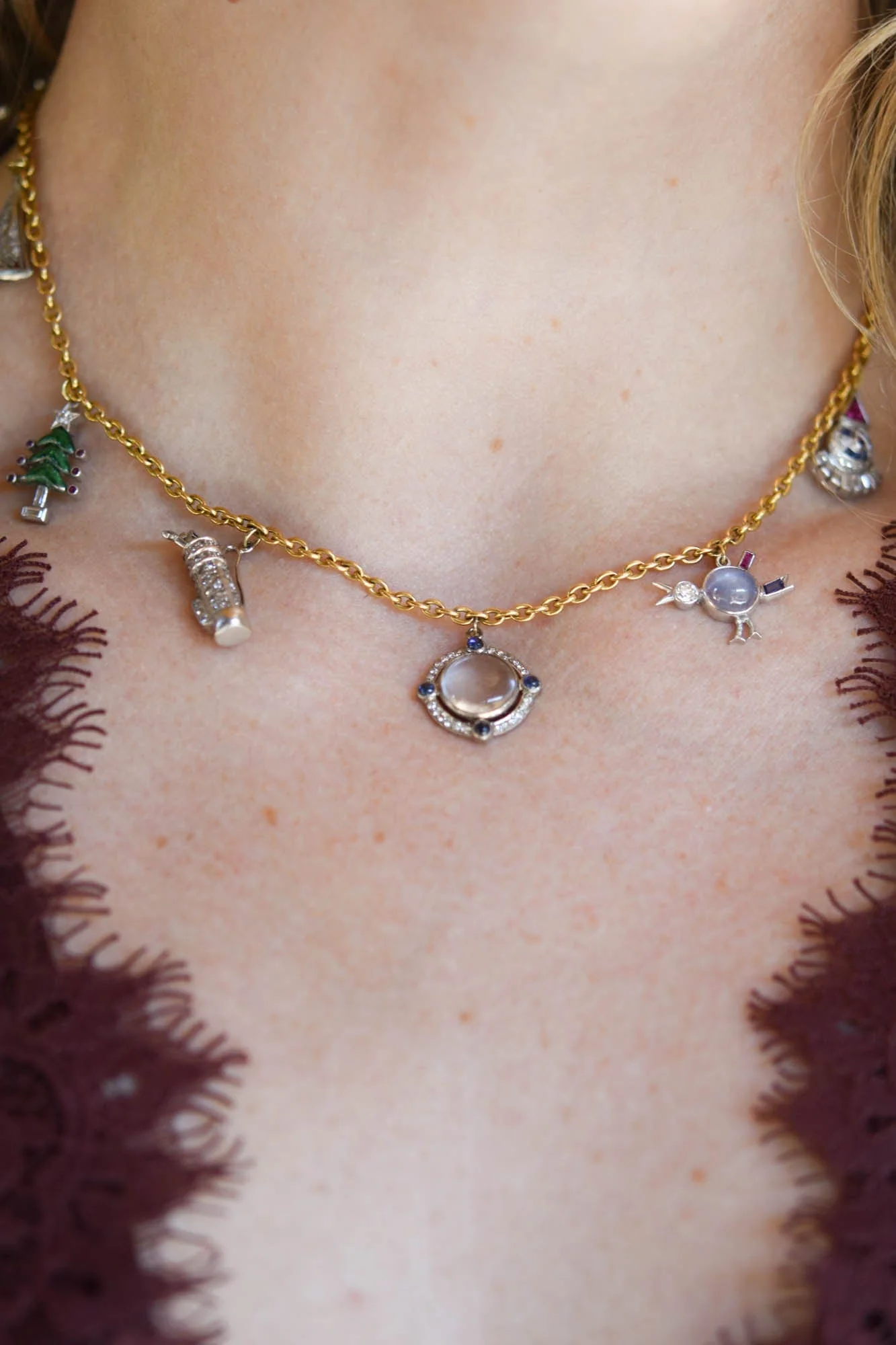 Antique Art Deco Multi-Gem Platinum and Gold Holiday Charm Necklace - Image 2
