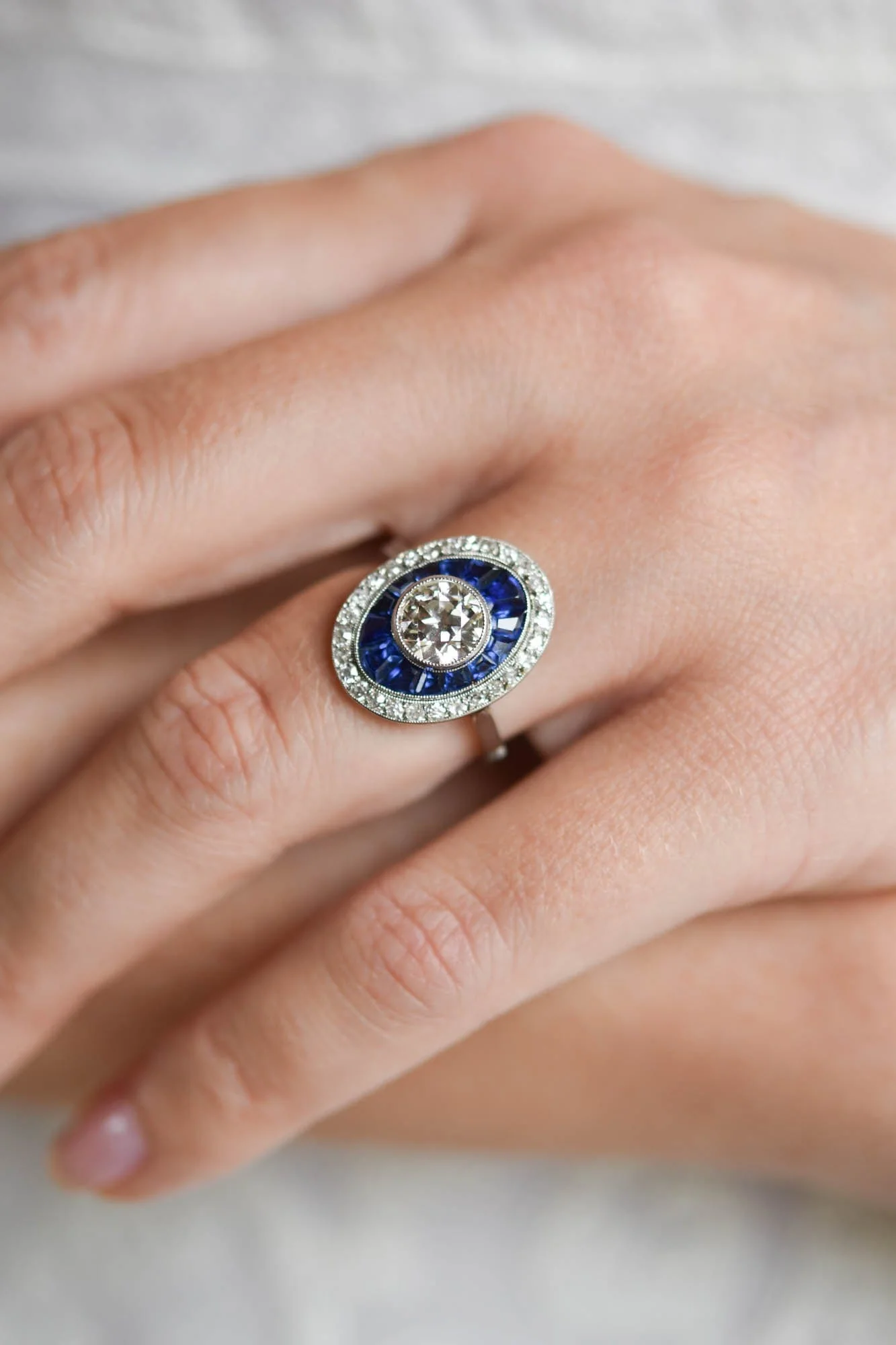 Art Deco 1.19 Carat Old European Cut Diamond & Sapphire Antique Target Ring - Image 2