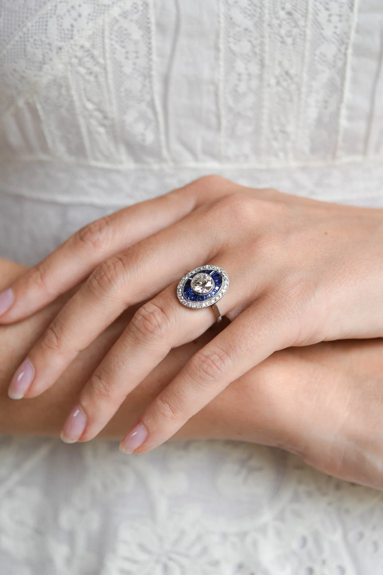 Art Deco 1.19 Carat Old European Cut Diamond & Sapphire Antique Target Ring - Image 3