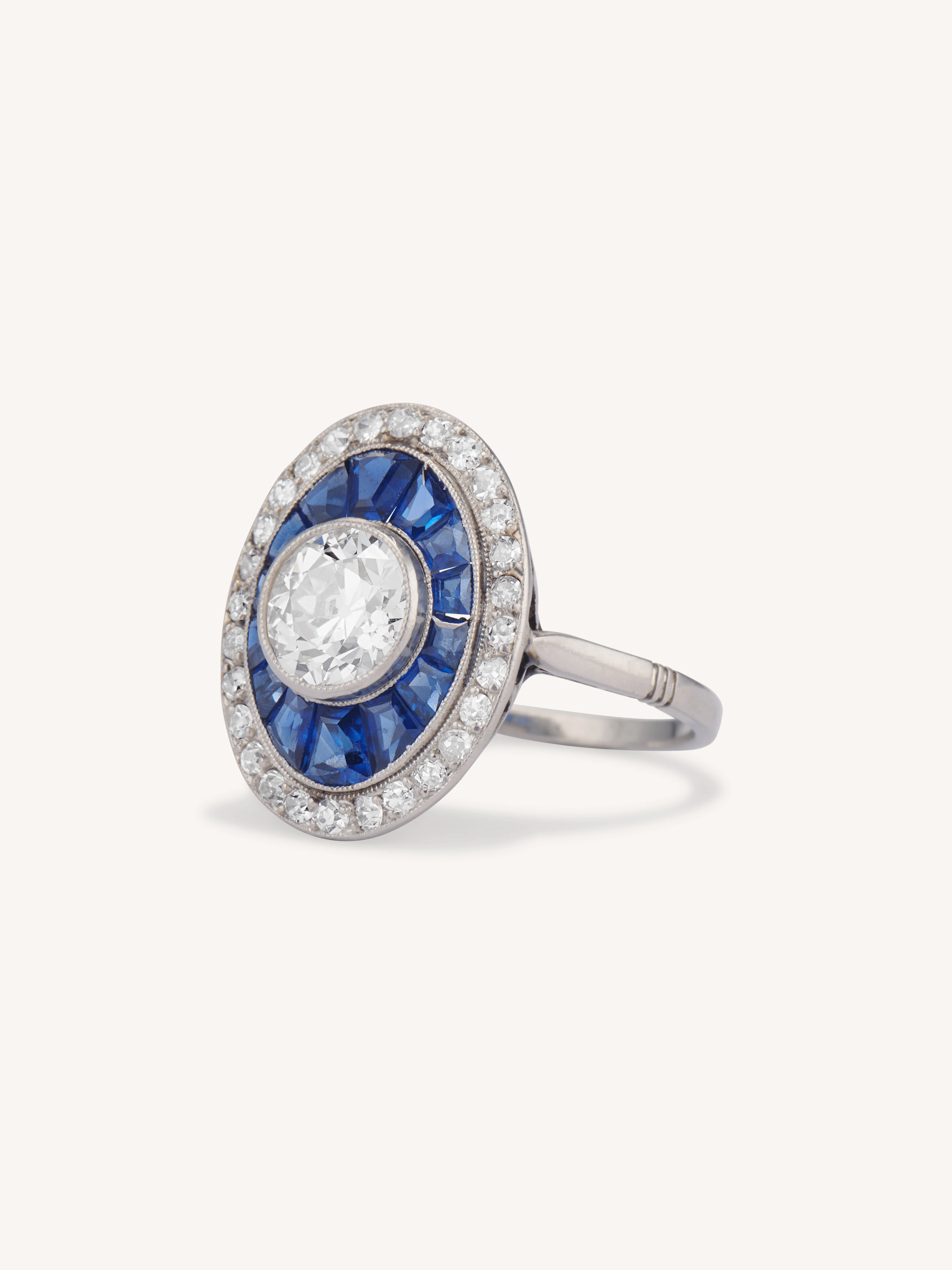 Art Deco 1.19 Carat Old European Cut Diamond & Sapphire Antique Target Ring - Image 4