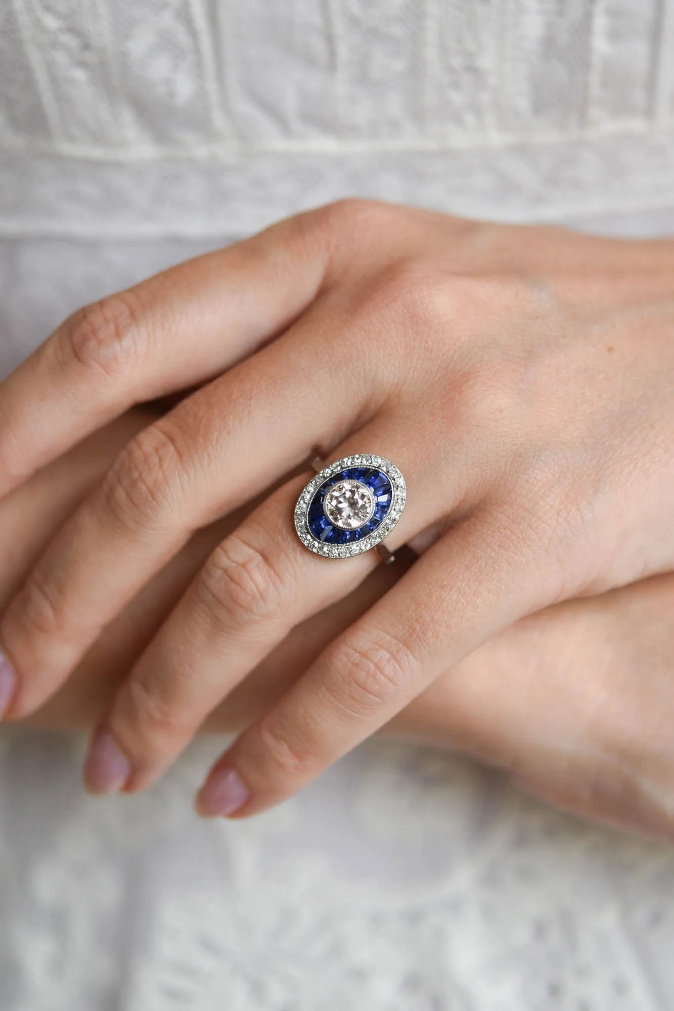 Art Deco 1.19 Carat Old European Cut Diamond & Sapphire Antique Target Ring - Image 6