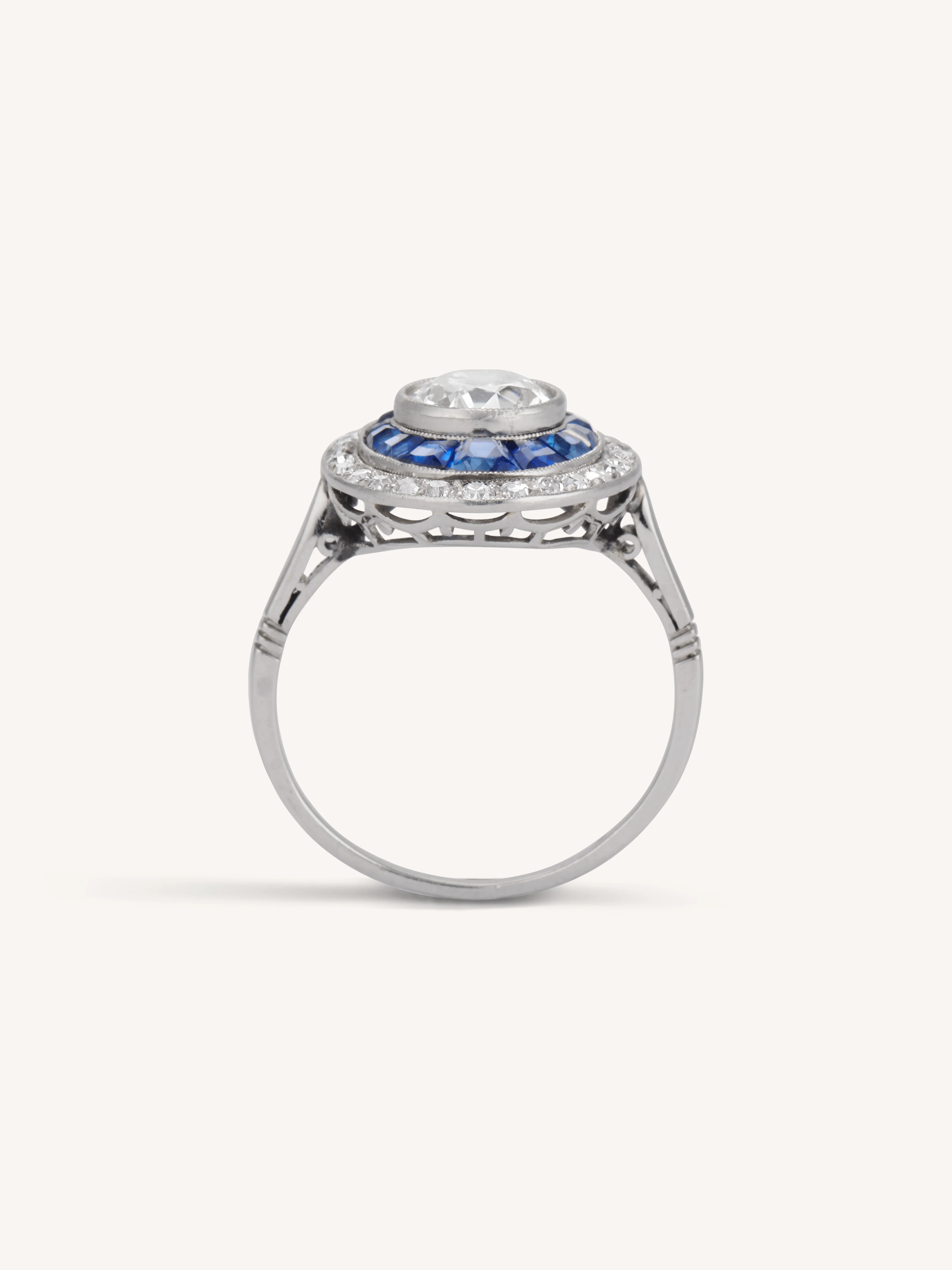 Art Deco 1.19 Carat Old European Cut Diamond & Sapphire Antique Target Ring - Image 7