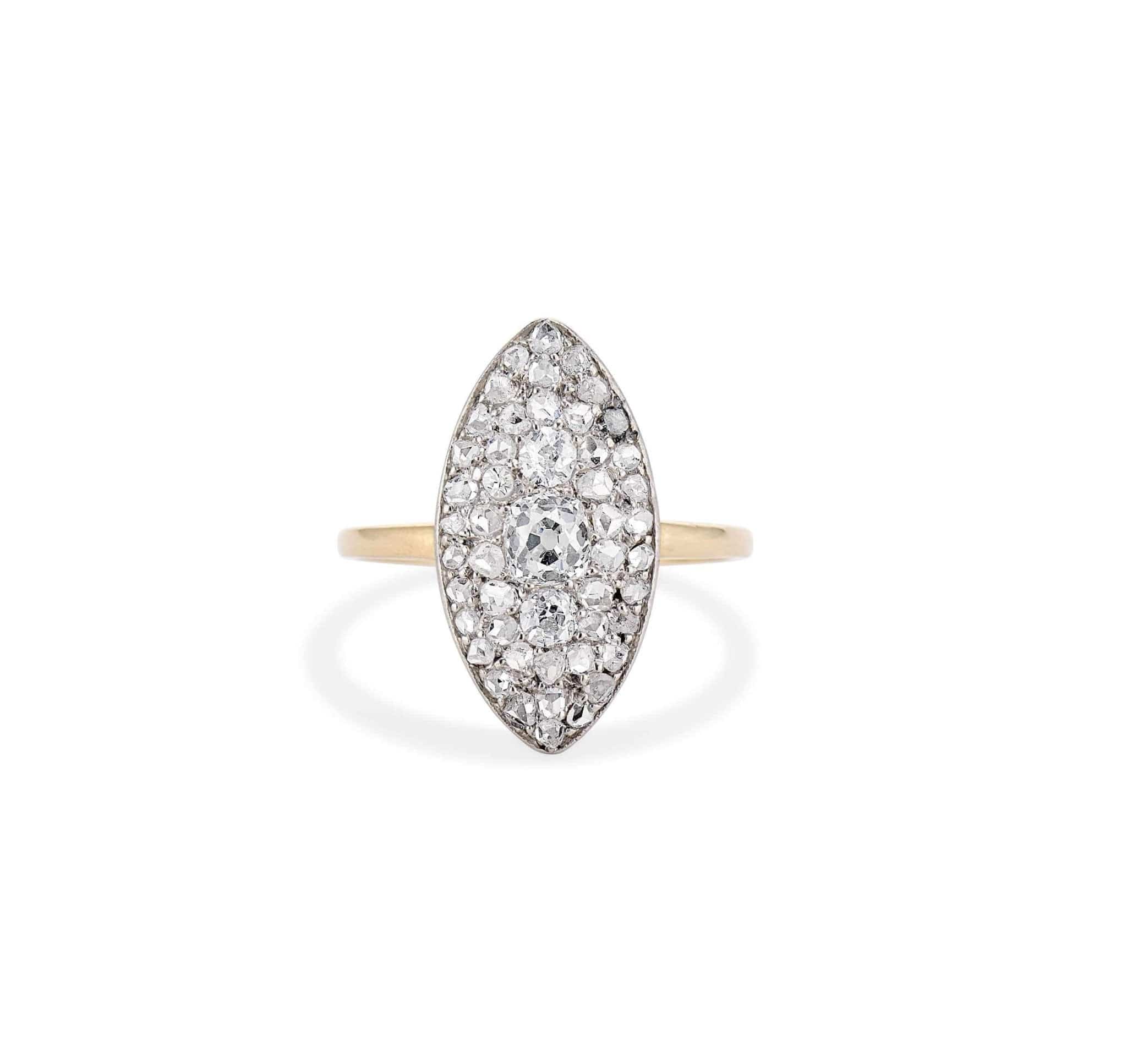 Edwardian Old Mine Cushion & Rose Cut Diamond Two Tone Navette Ring - Image 2