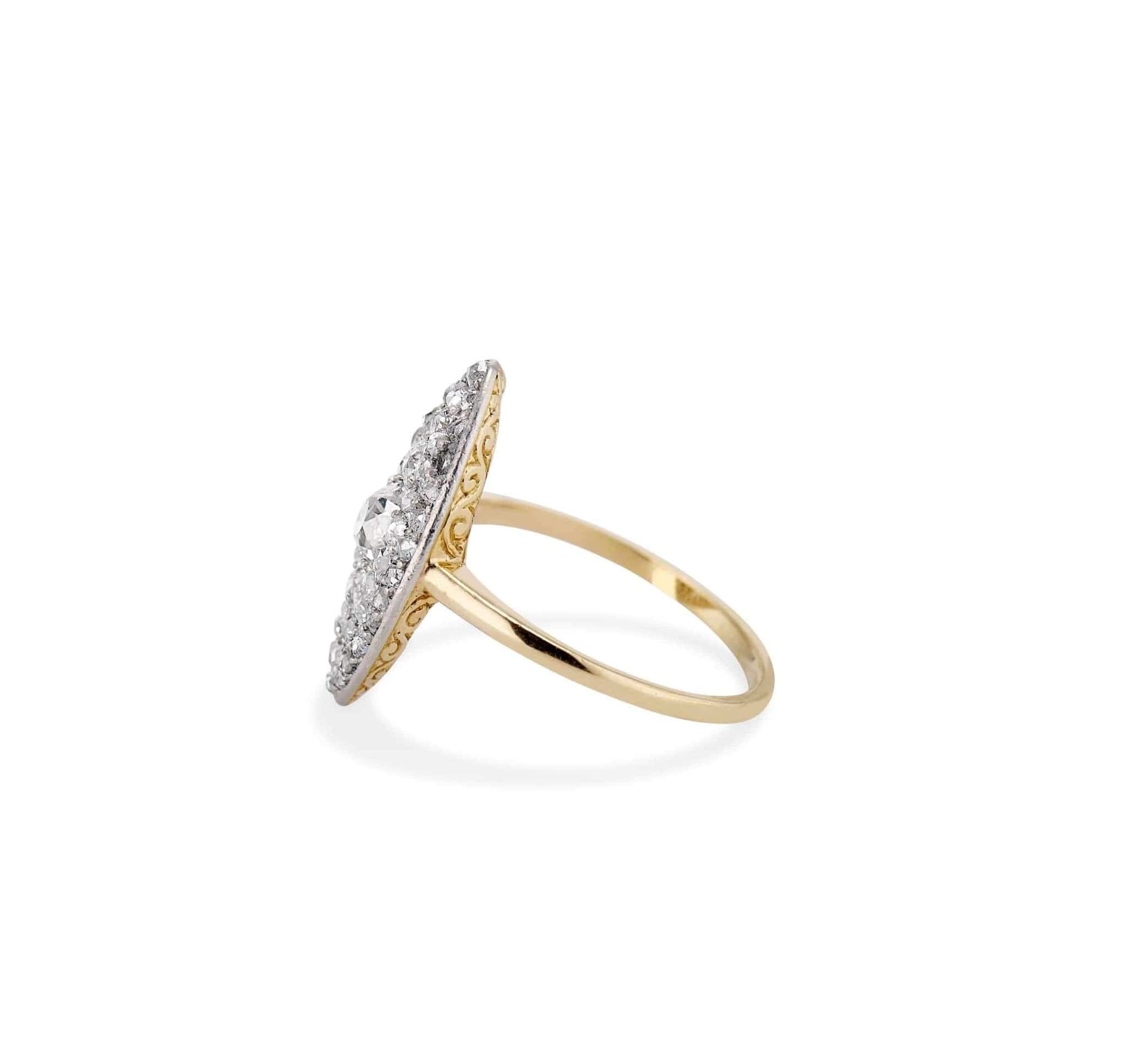 Edwardian Old Mine Cushion & Rose Cut Diamond Two Tone Navette Ring - Image 3
