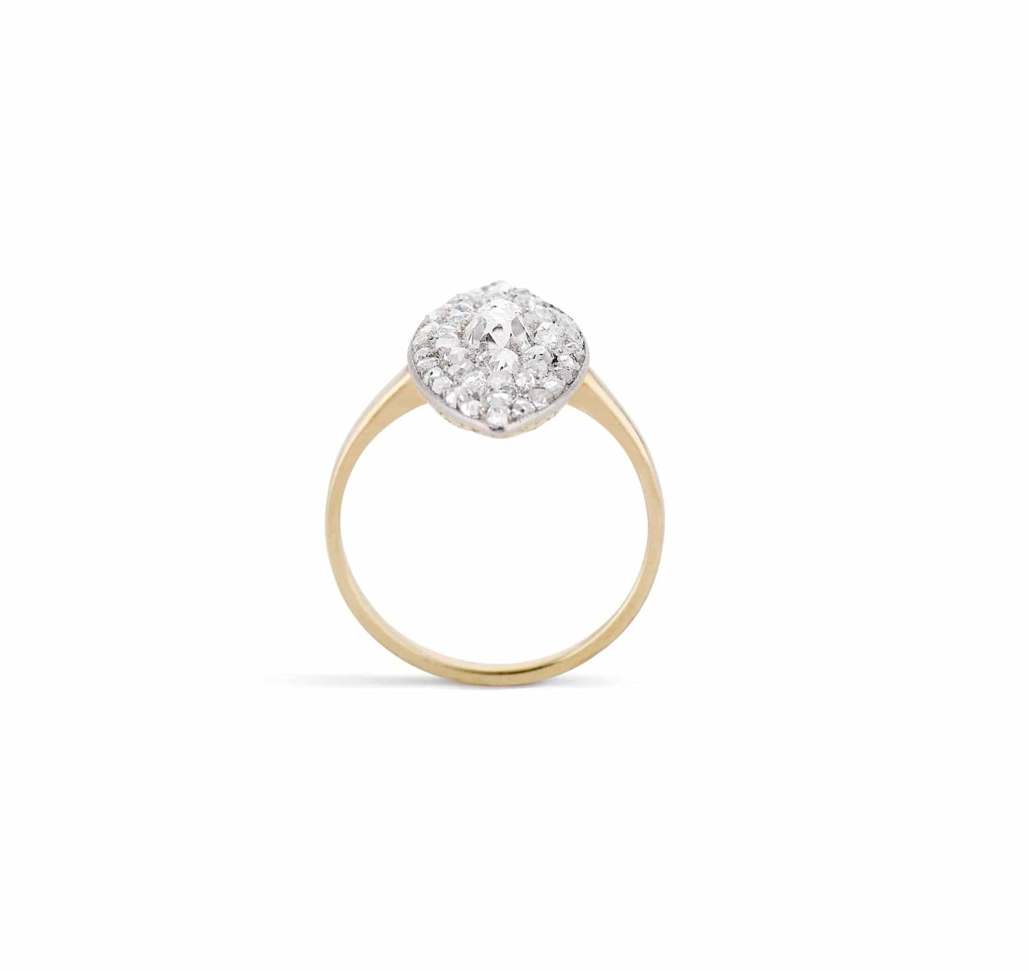 Edwardian Old Mine Cushion & Rose Cut Diamond Two Tone Navette Ring - Image 6