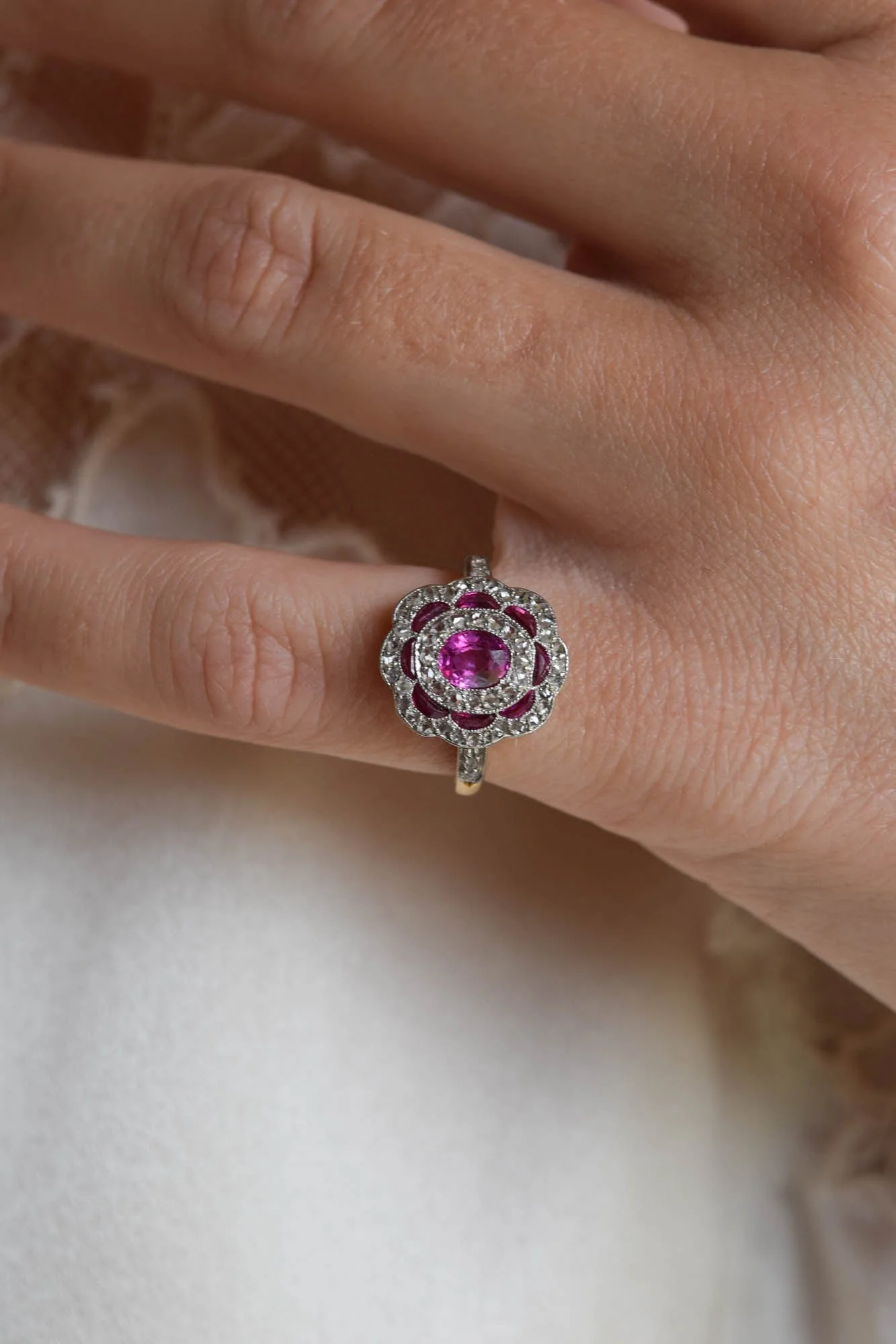Edwardian Ruby Florette Scalloped Cluster Ring - Image 2