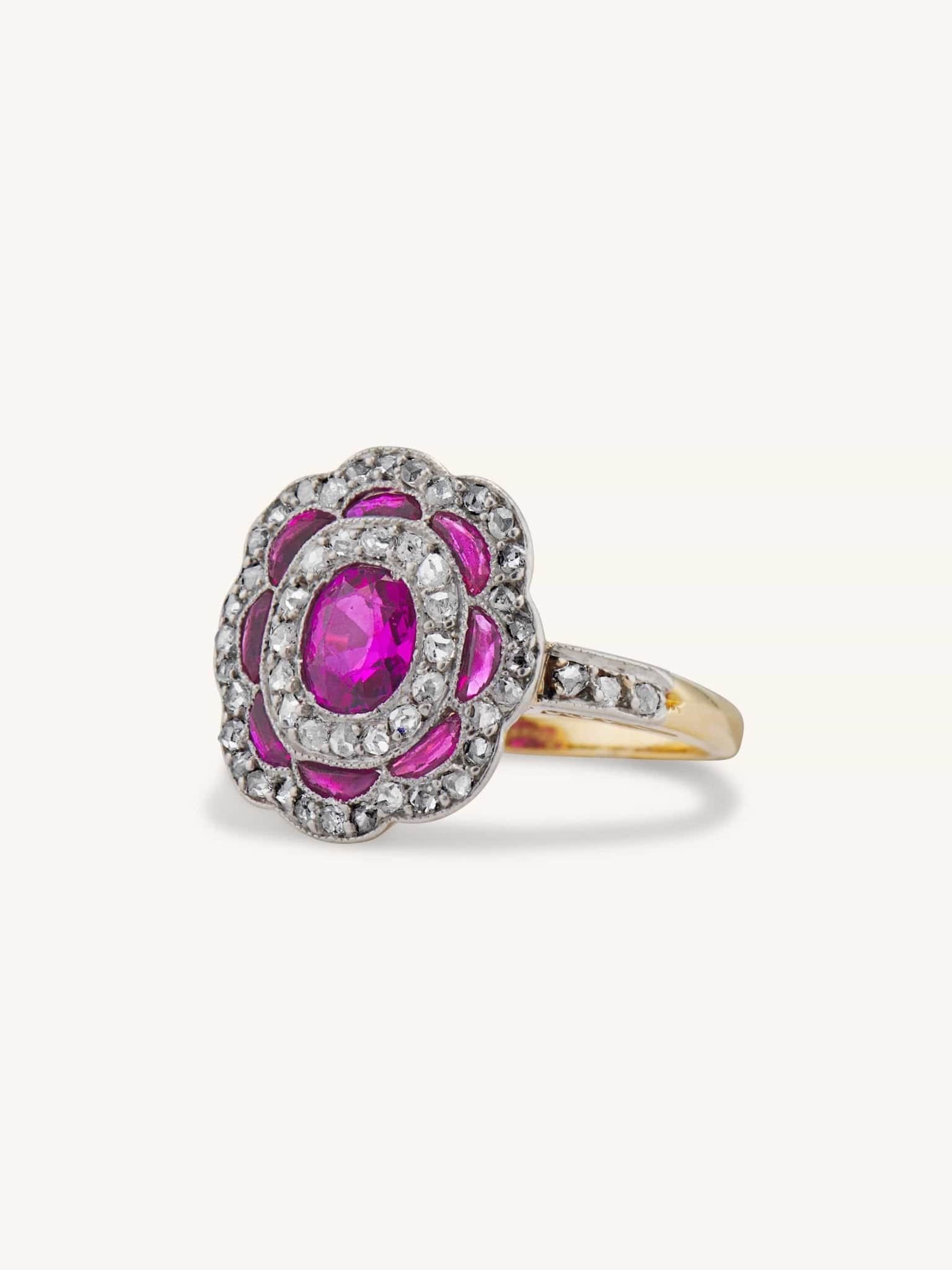 Edwardian Ruby Florette Scalloped Cluster Ring - Image 3