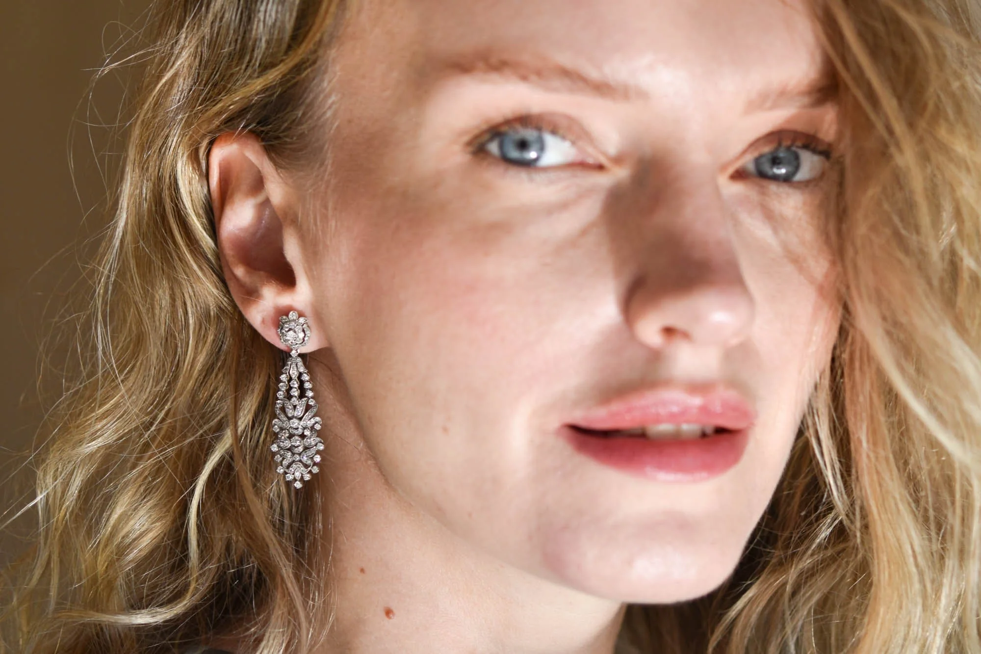 Antique Old Mine Cut Diamond Silver-Topped Gold Pendant Earrings - Image 3