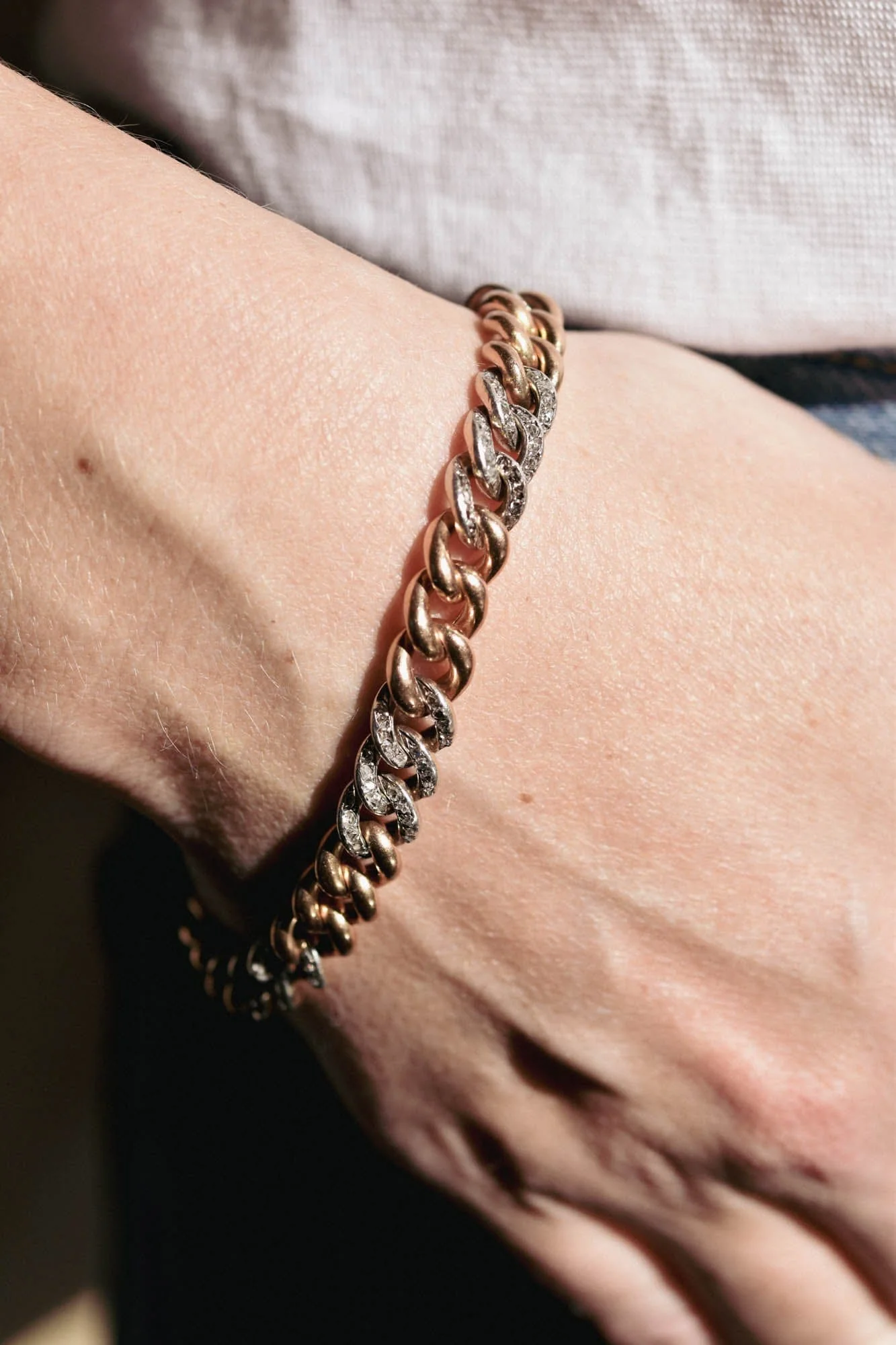 Antique Silver Topped Gold & Rose Cut Diamond Curb Link Bracelet, France - Image 2