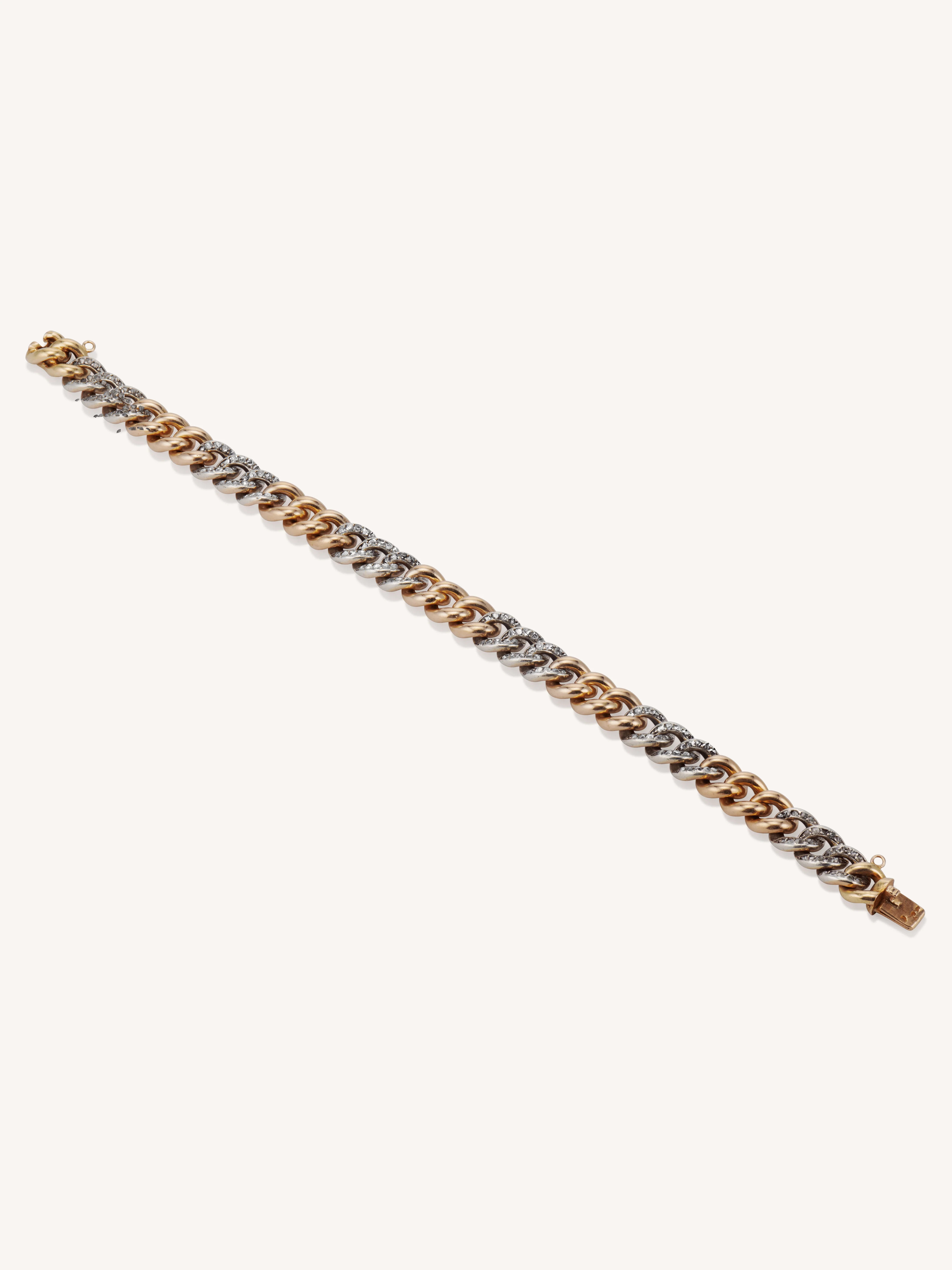 Antique Silver Topped Gold & Rose Cut Diamond Curb Link Bracelet, France - Image 4