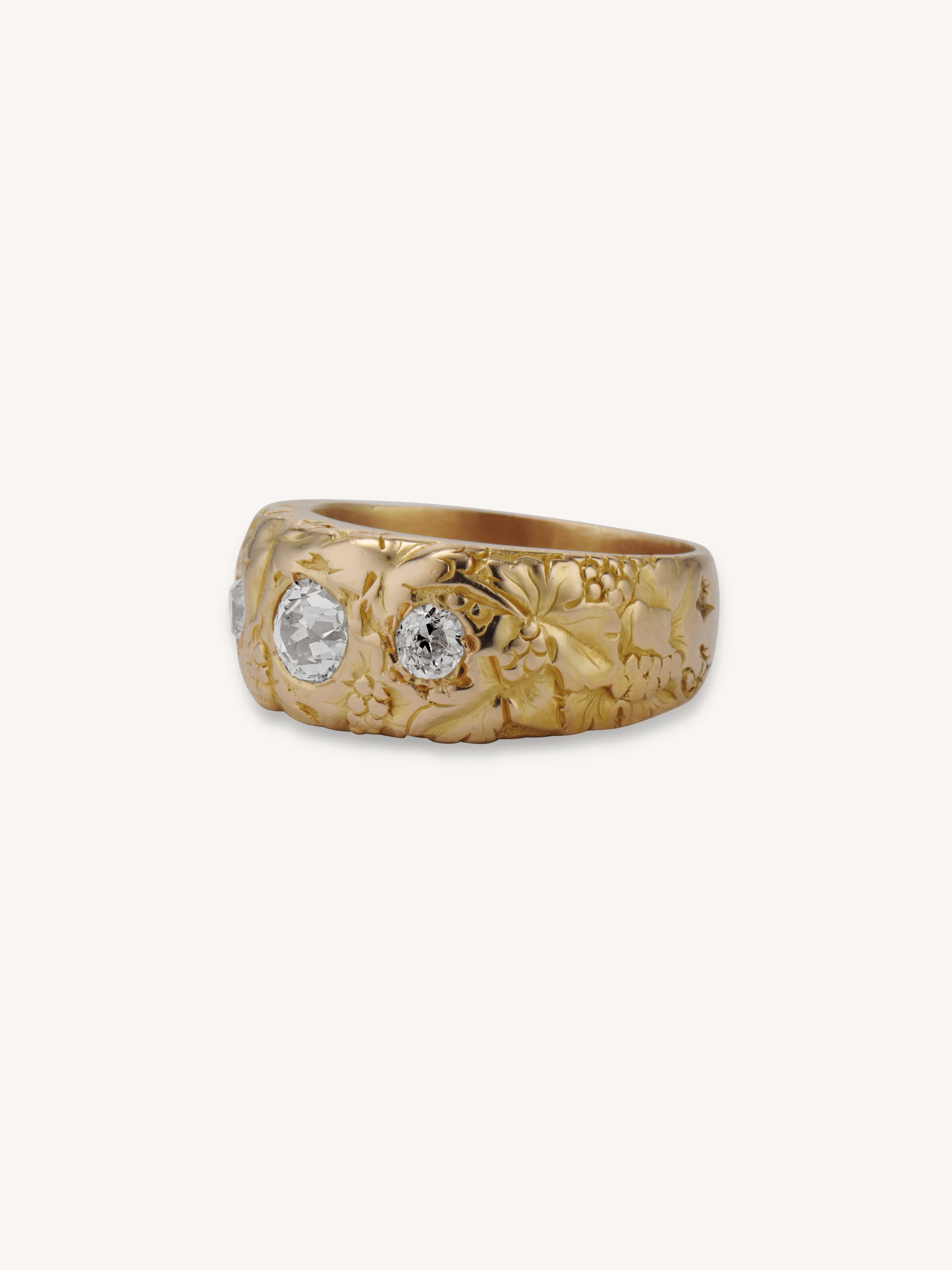 Antique Victorian Carved Grape & Vine 18k Gold Wide Band Diamond Ring - Image 4
