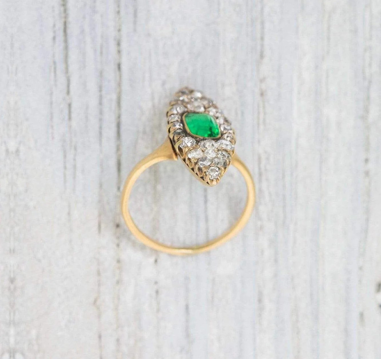 .75 Carat Antique Victorian Emerald & Diamond Navette Shaped Engagement Ring - Image 4