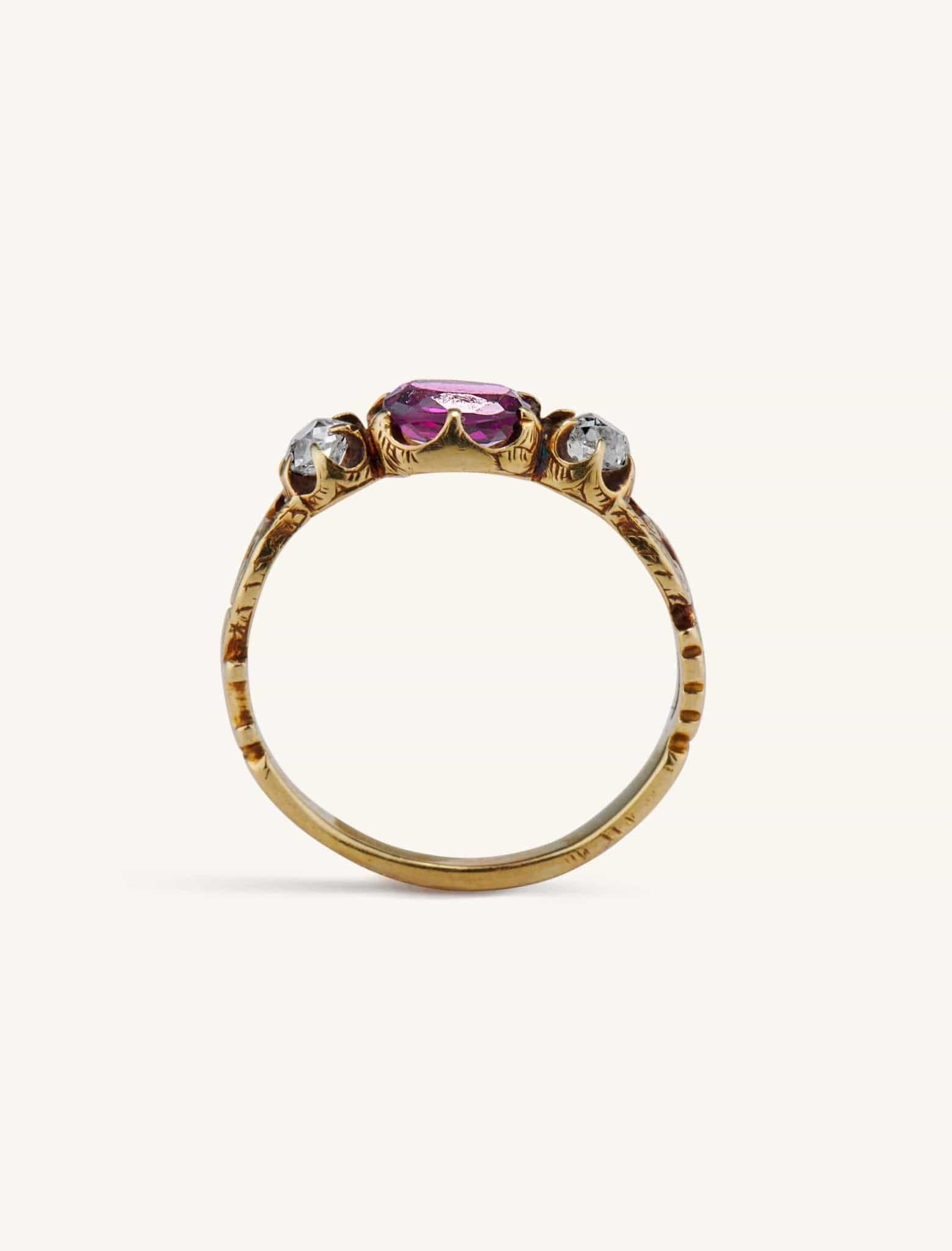 Victorian Garnet & Old Mine Diamond Three Stone Ring - Image 5
