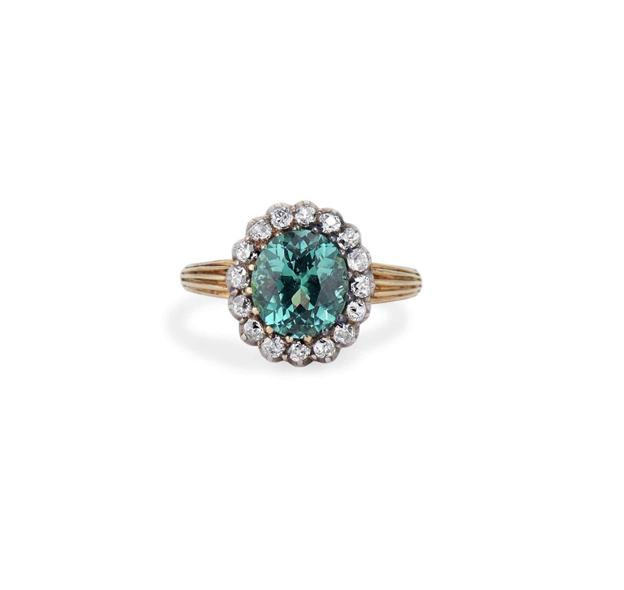 Victorian Green Tourmaline and Diamond Antique Cluster Ring - Image 2