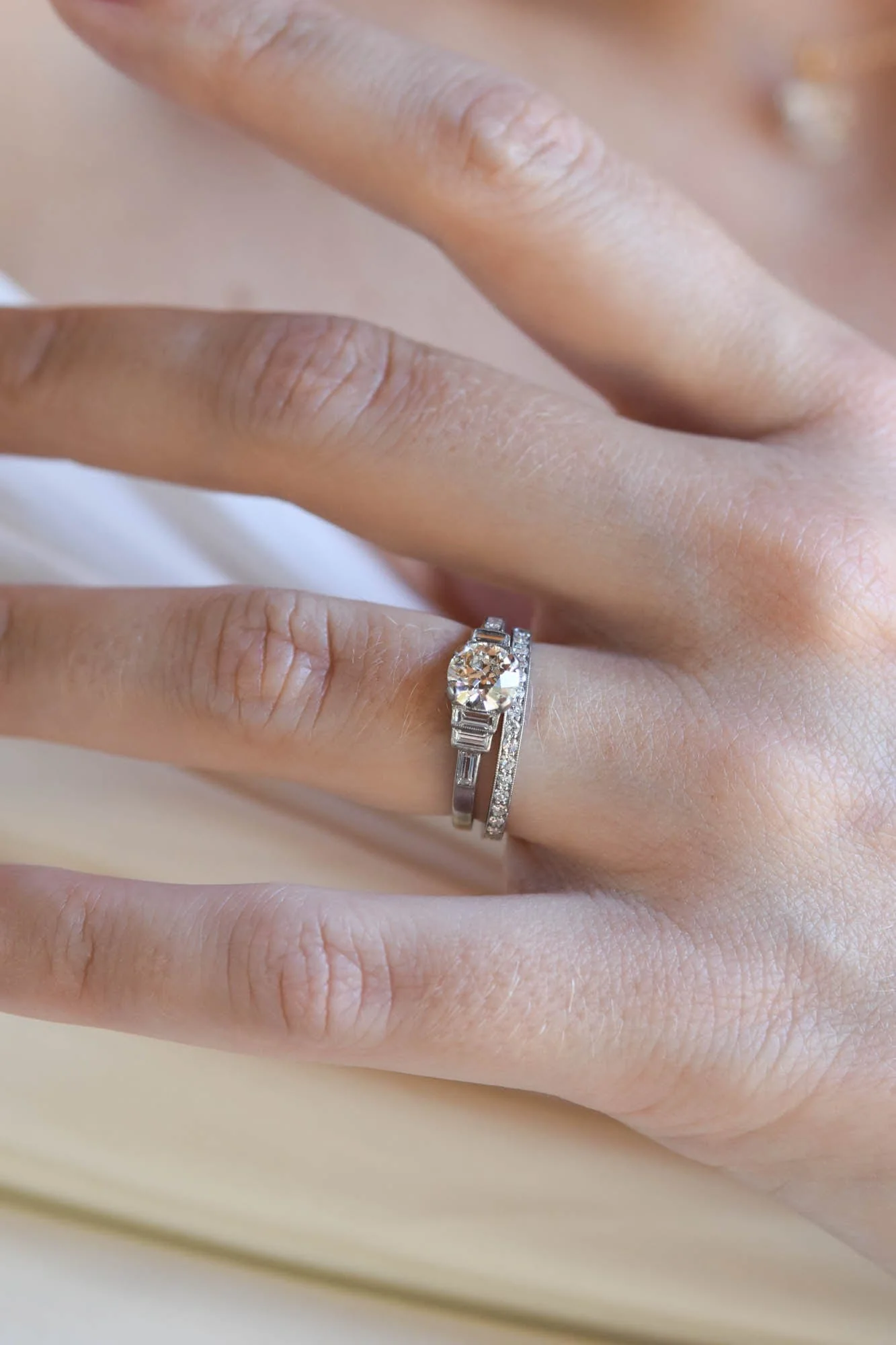 Art Deco .76 Carat Transitional Cut Diamond & Baguette Platinum Engagement Ring - Image 2