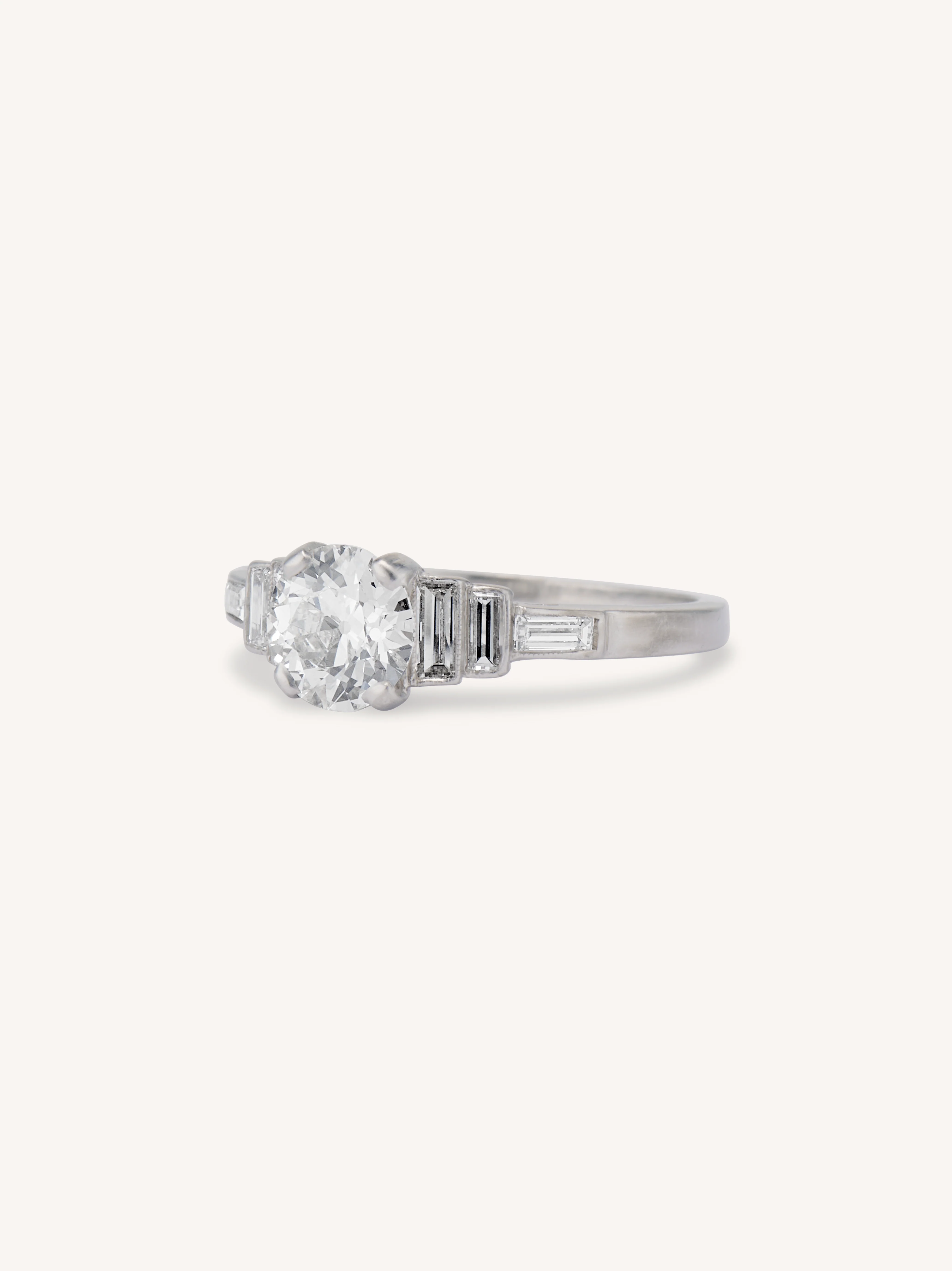 Art Deco .76 Carat Transitional Cut Diamond & Baguette Platinum Engagement Ring - Image 4