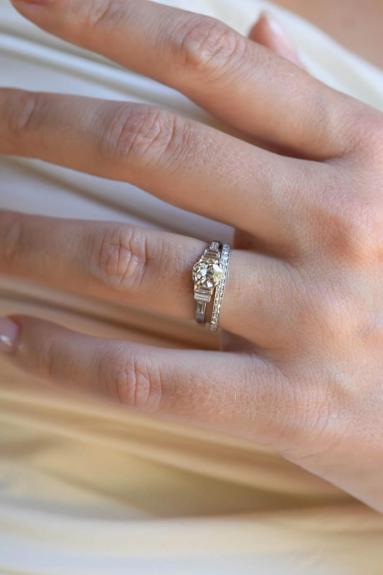 Art Deco .76 Carat Transitional Cut Diamond & Baguette Platinum Engagement Ring - Image 6