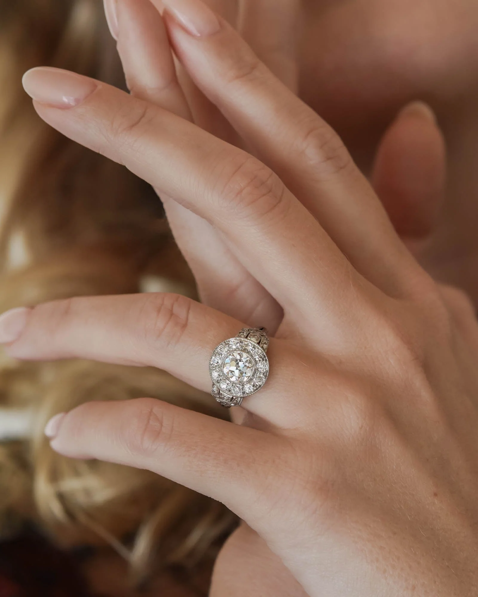 Art Deco 1.07 Carat Old Mine Cushion Cut Diamond Cluster Engagement Ring - Image 2