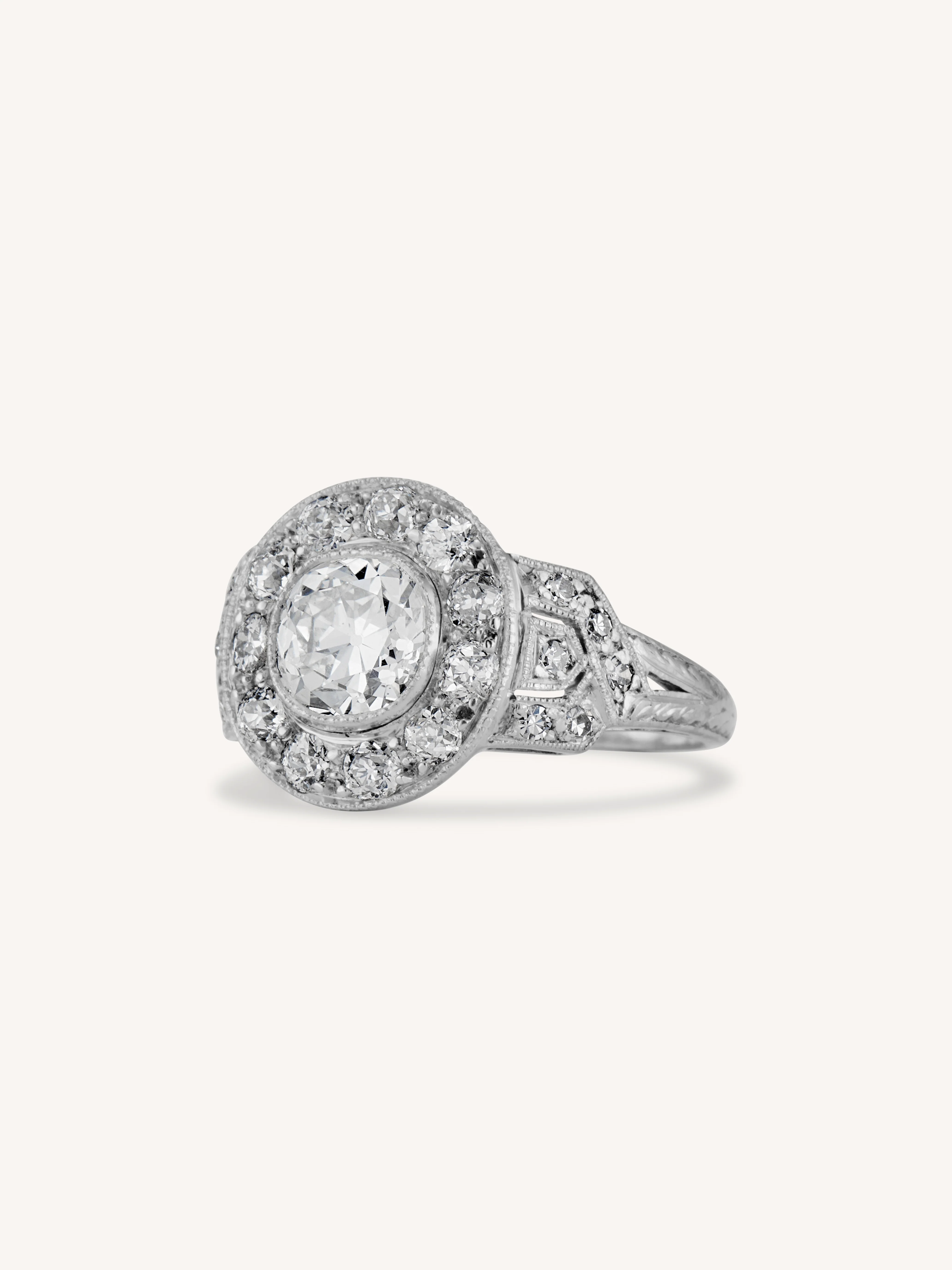 Art Deco 1.07 Carat Old Mine Cushion Cut Diamond Cluster Engagement Ring - Image 3
