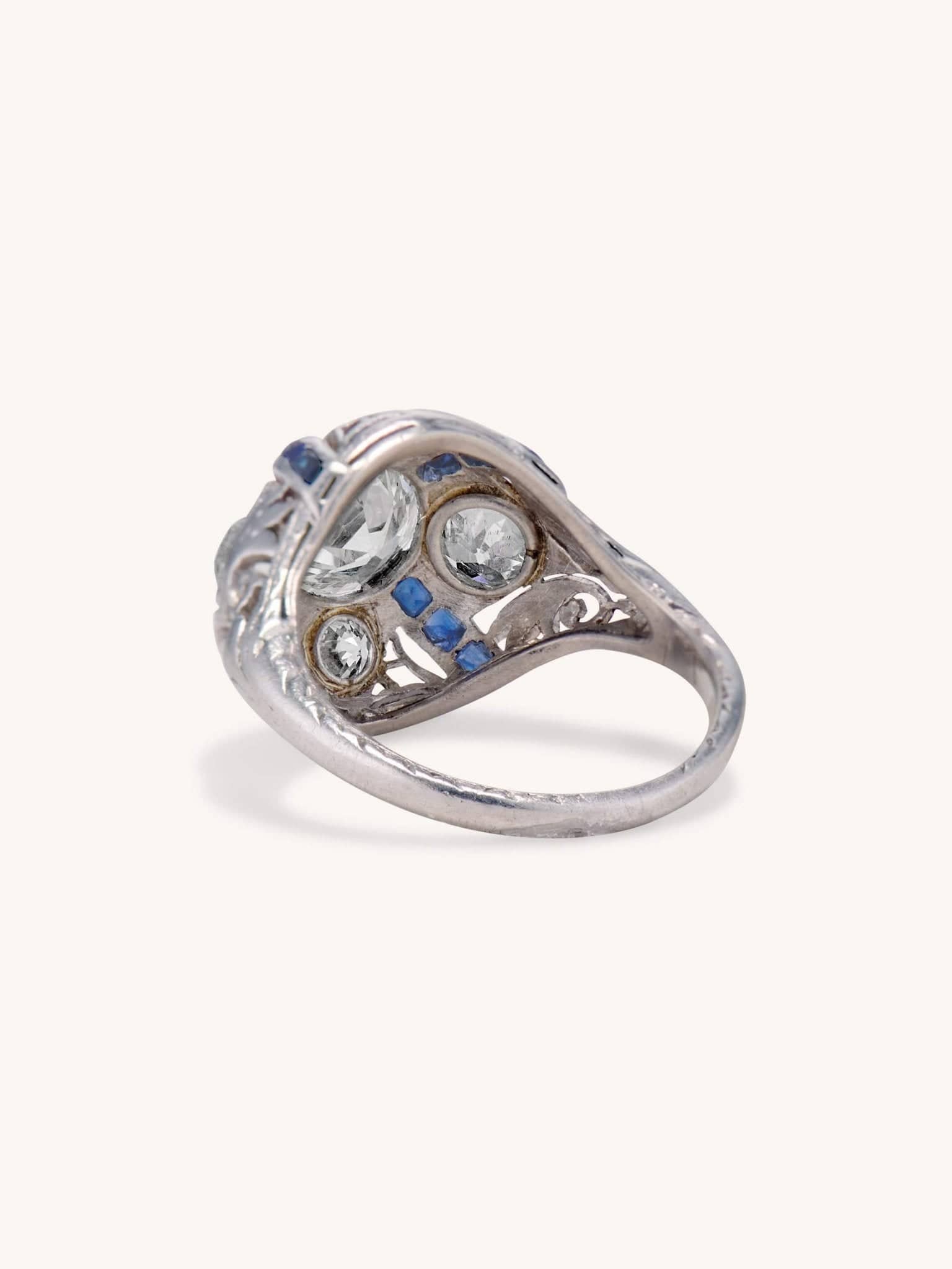 Art Deco 1.25 Carat Old European Cut Diamond and Sapphire Bombé Vintage Engagement Ring - Image 3